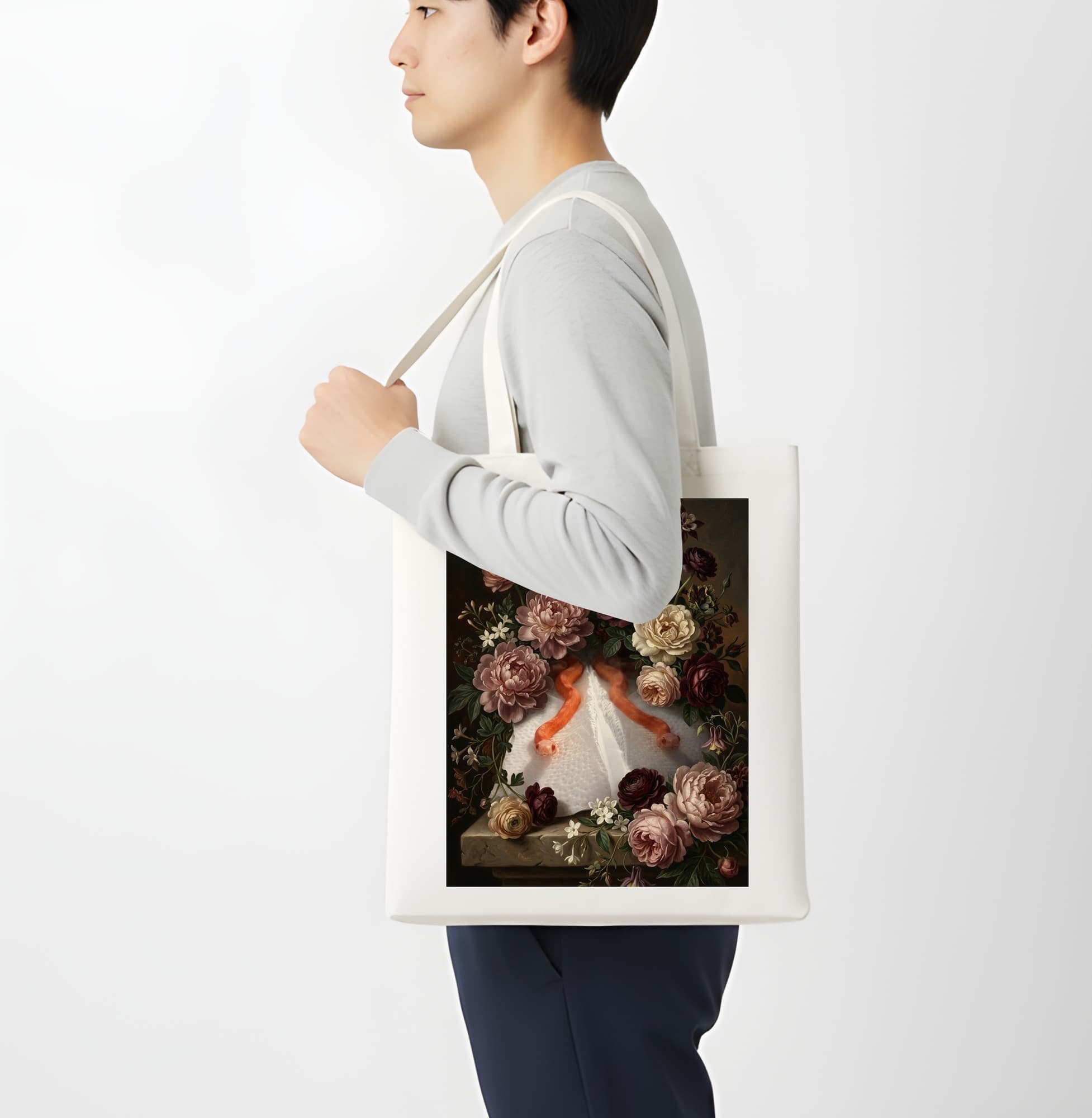 レッドイグアナの花の油絵風アート花柄トートバッグ 4