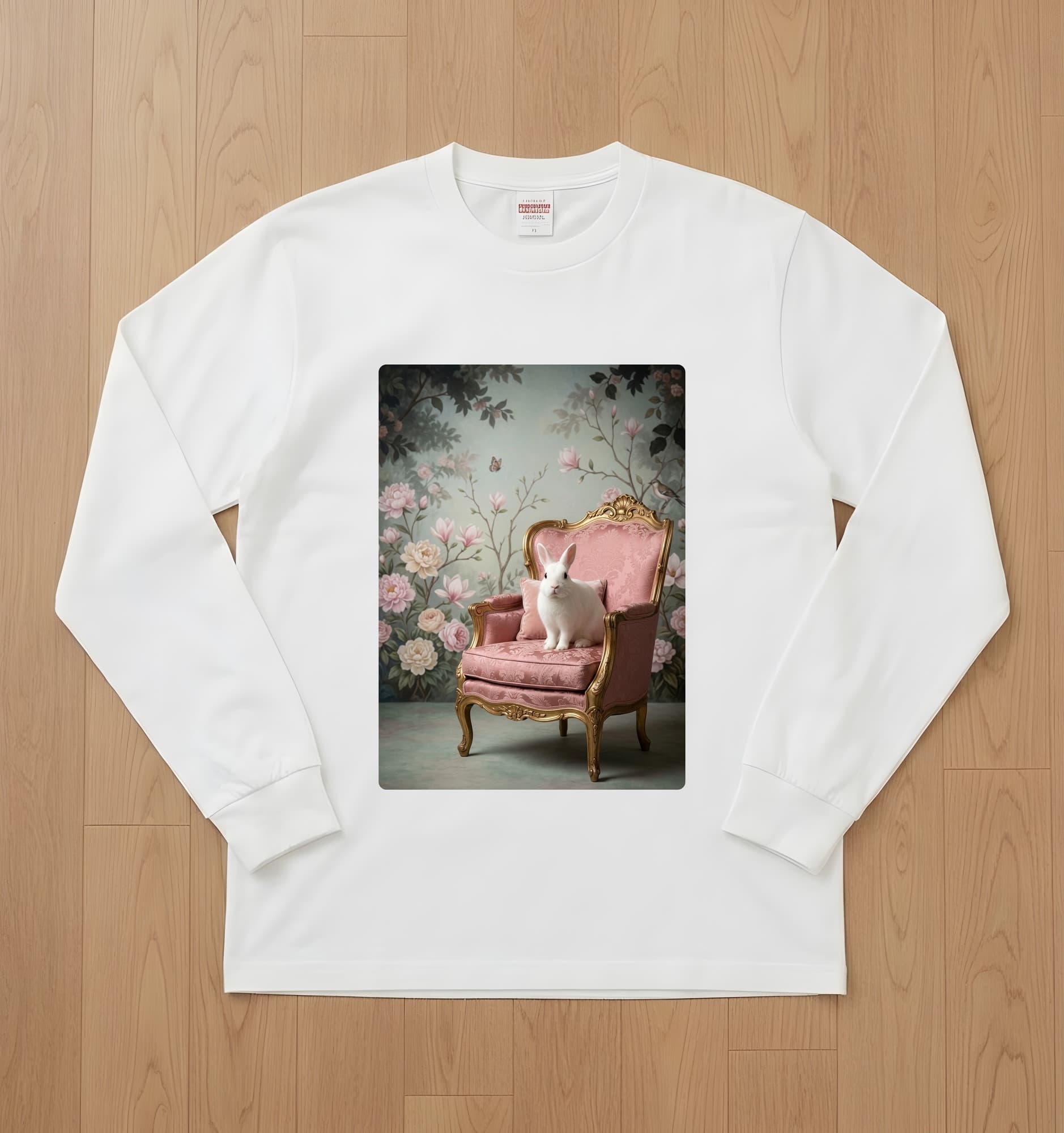 ポーリッシュのシャビーピンクの油絵風アートロココ調長袖Tシャツ(ホワイト)