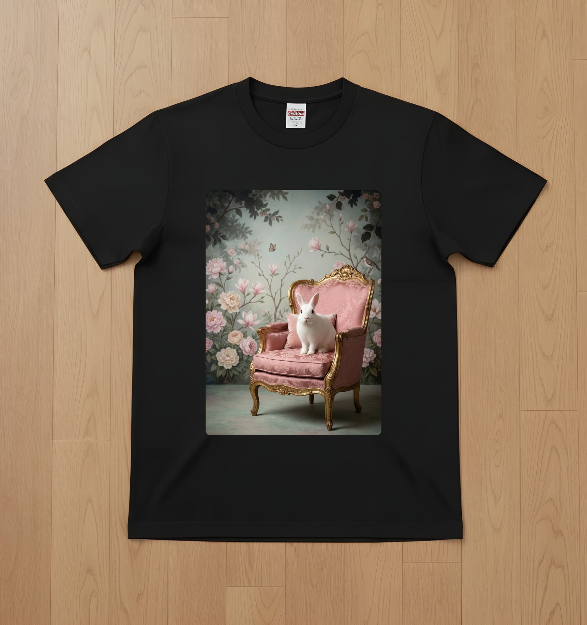 Polish rabbit Shabby Pink Oil-Painting Rococo T-Shirt (Black)