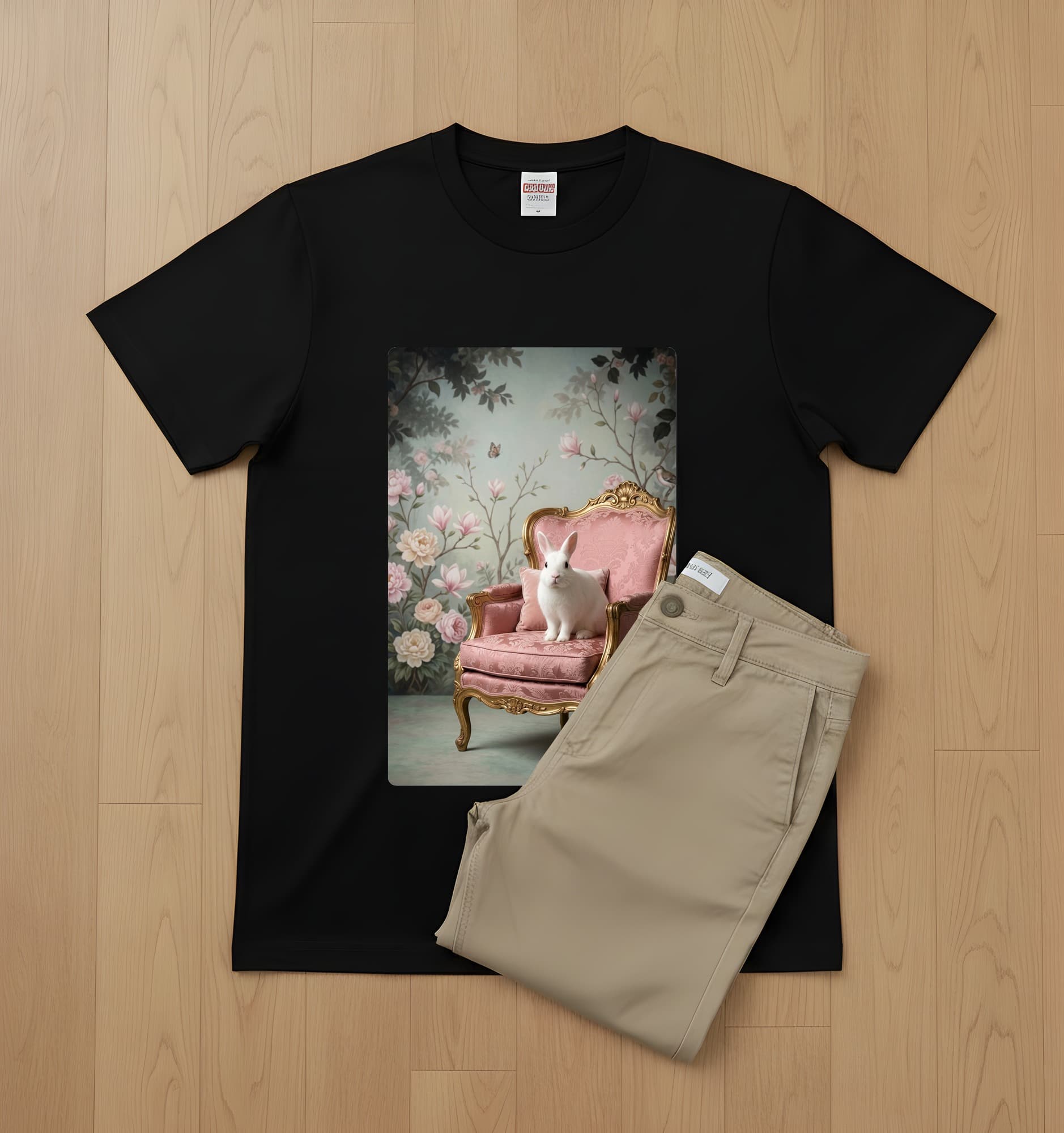 Polish rabbit Shabby Pink Oil-Painting Rococo T-Shirt (Black) 2