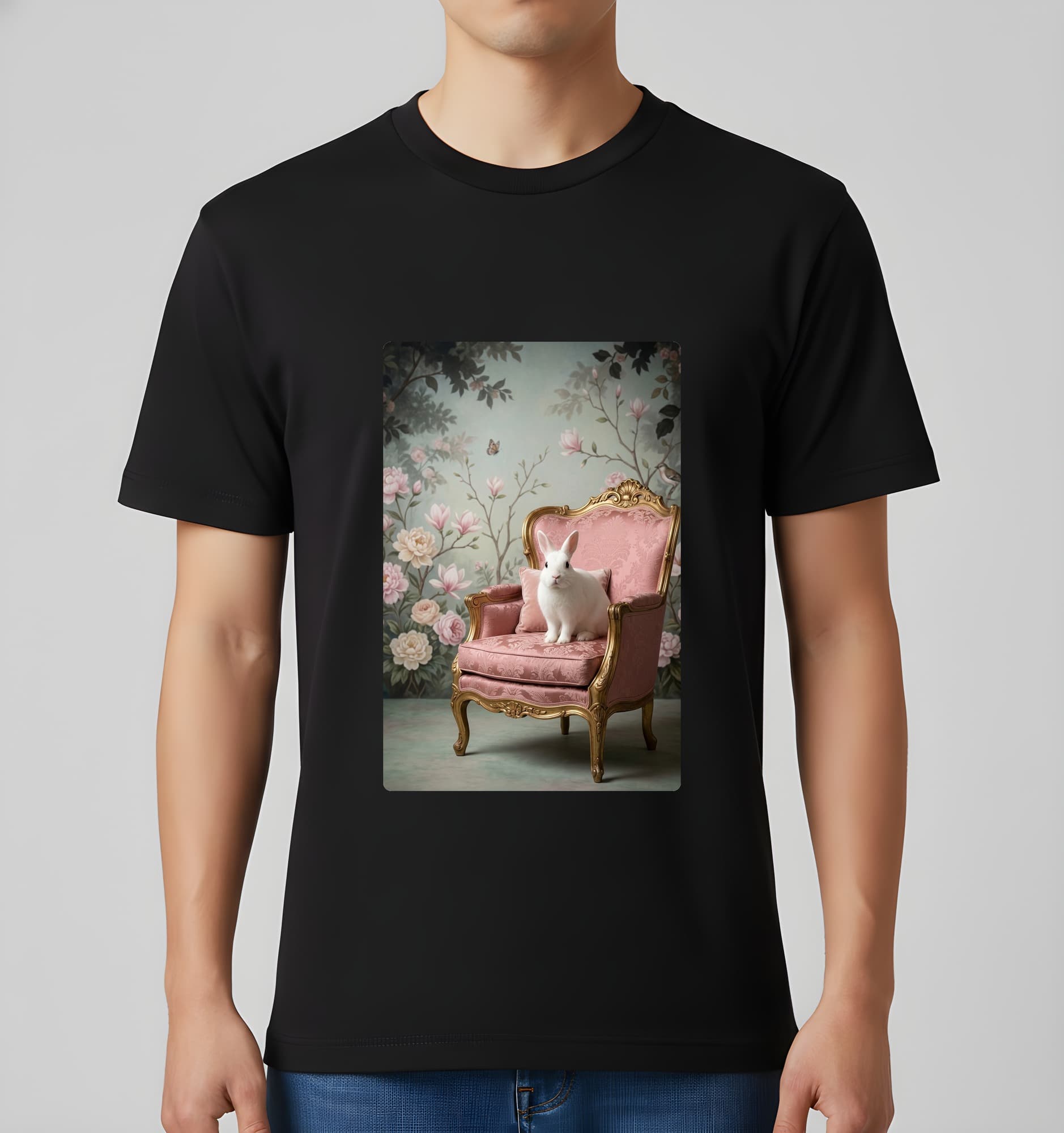 Polish rabbit Shabby Pink Oil-Painting Rococo T-Shirt (Black) 3