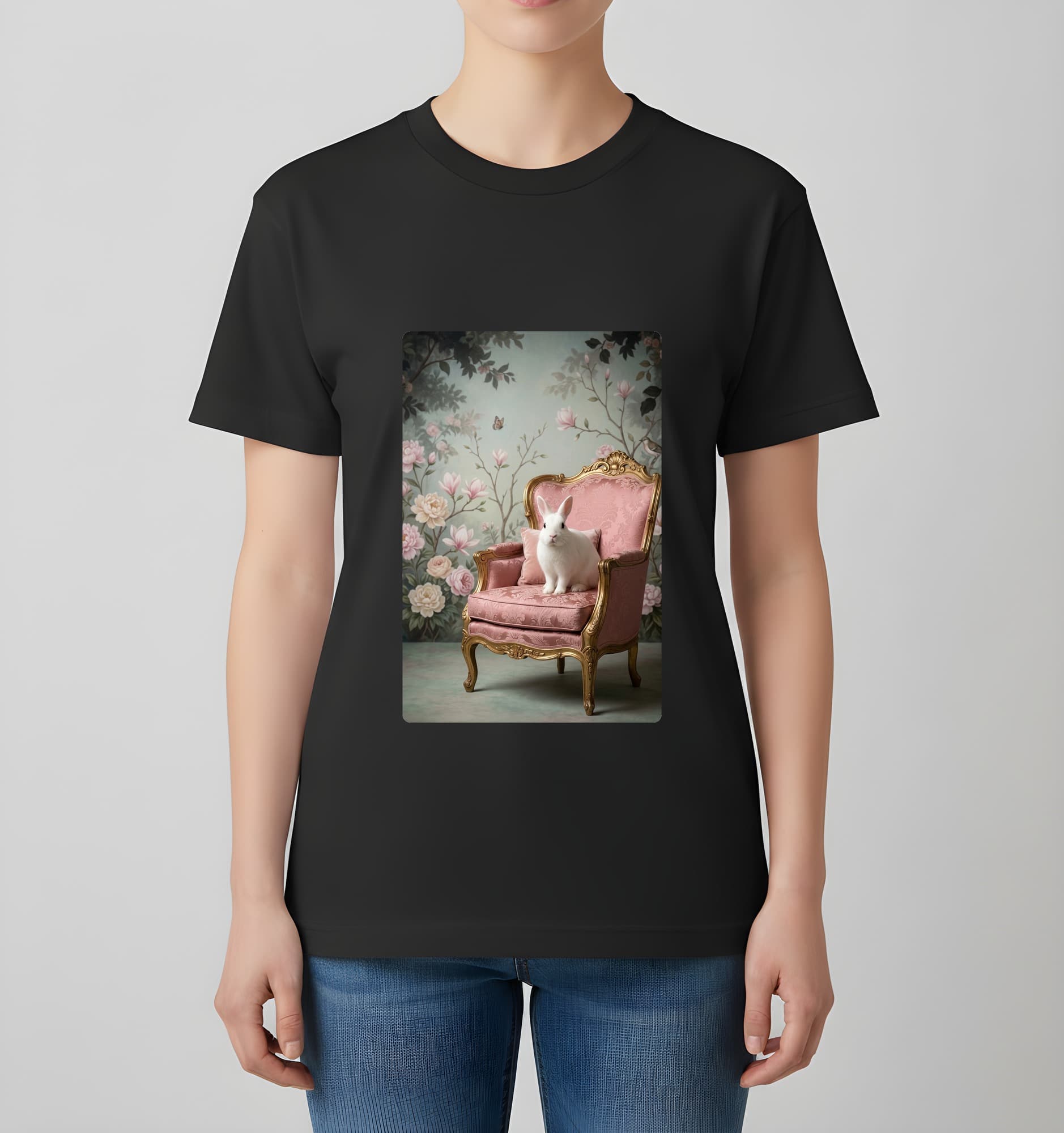 Polish rabbit Shabby Pink Oil-Painting Rococo T-Shirt (Black) 4