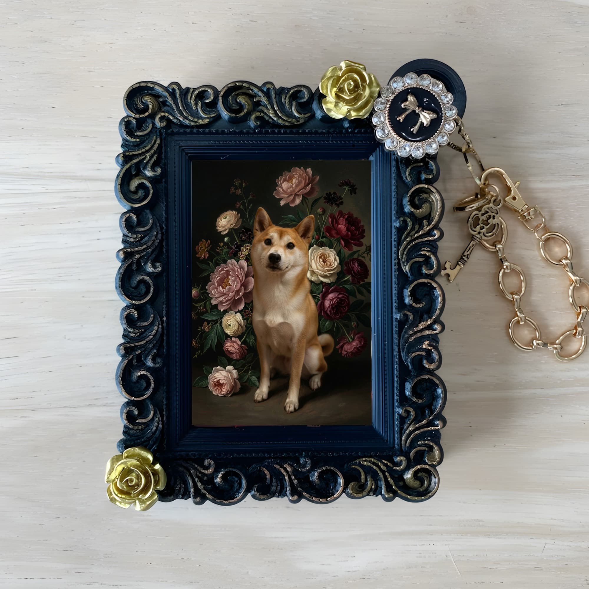 柴犬の花の油絵風アート花柄バッグチャーム(ブラック)