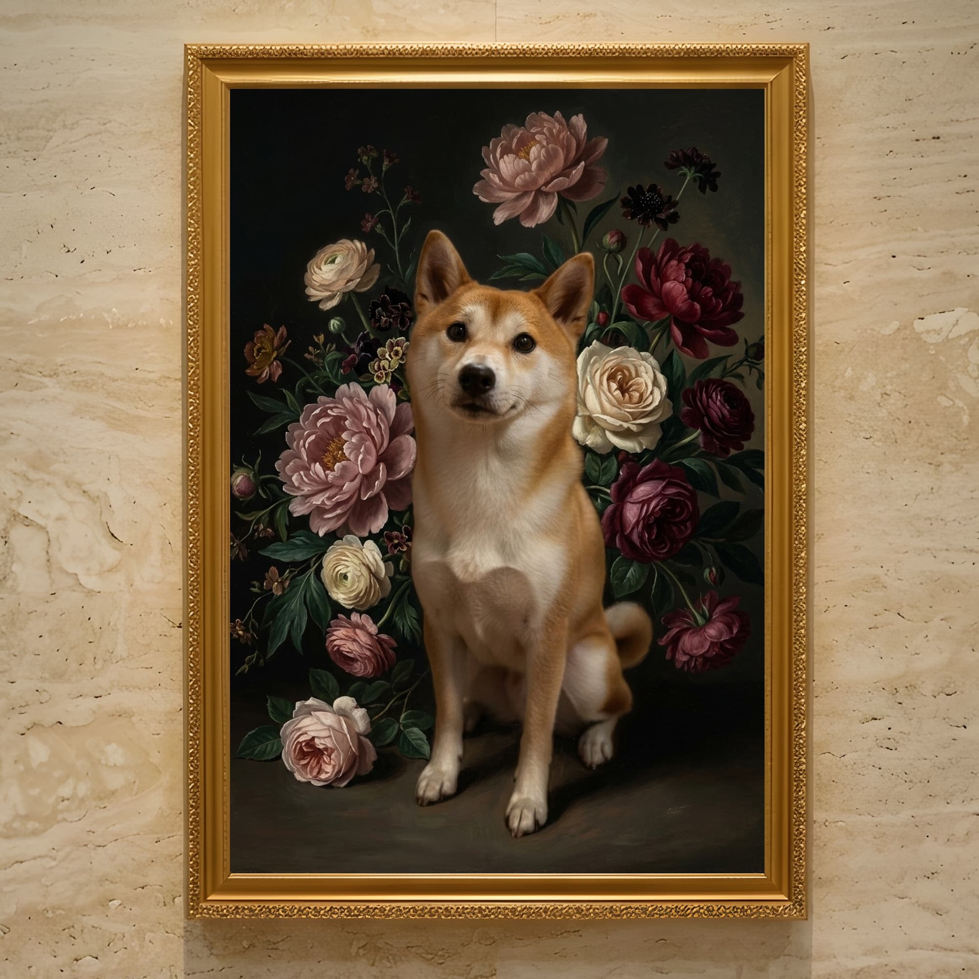 柴犬の花の油絵風アート花柄額装プリント(A3サイズ)