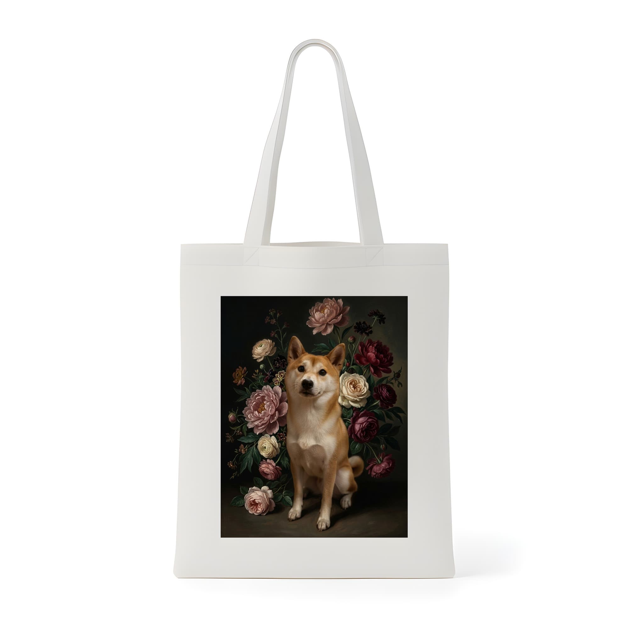 柴犬の花の油絵風アート花柄トートバッグ