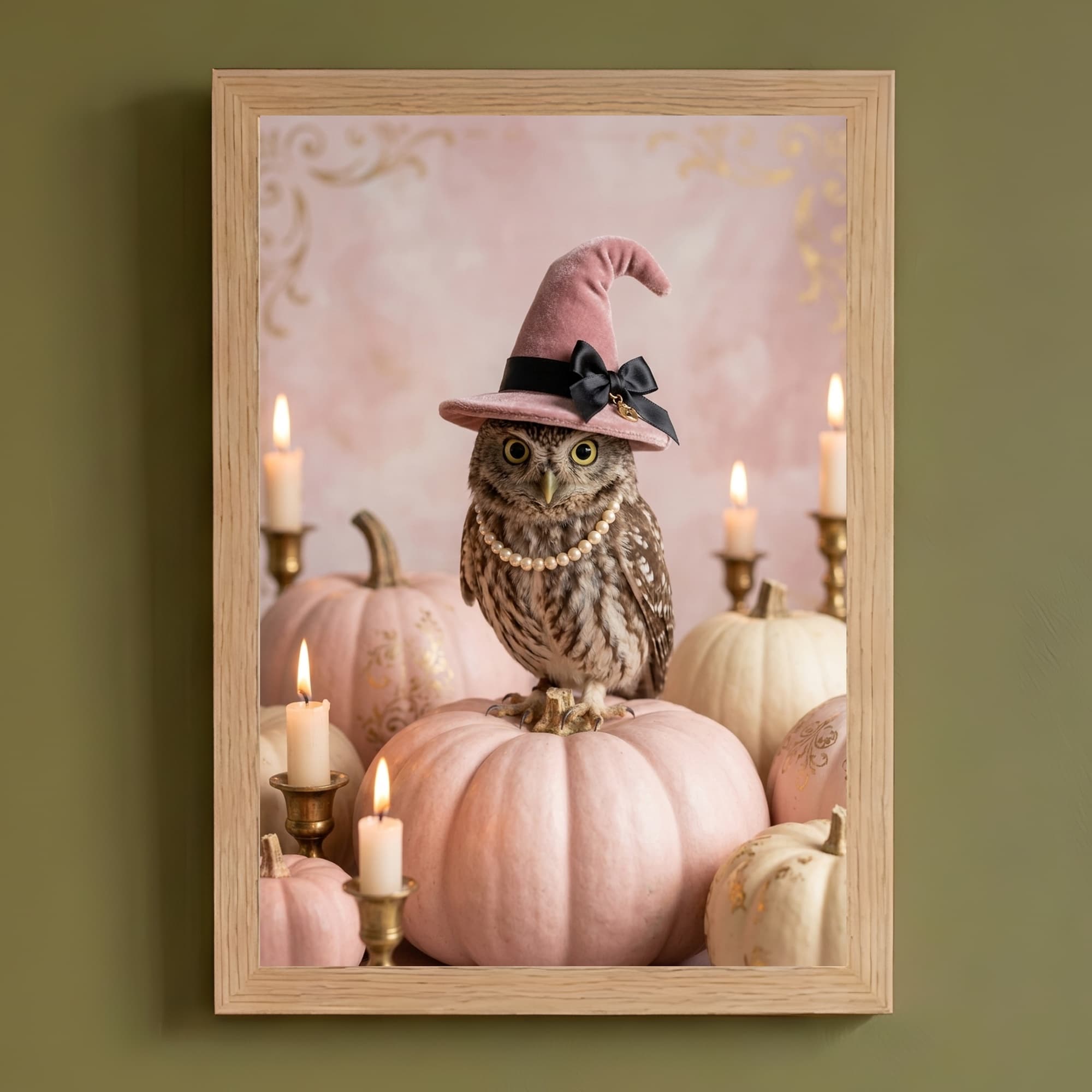コノハズクのかぼちゃとキャンドルの油絵風アートハロウィン額装プリント(A4サイズ)