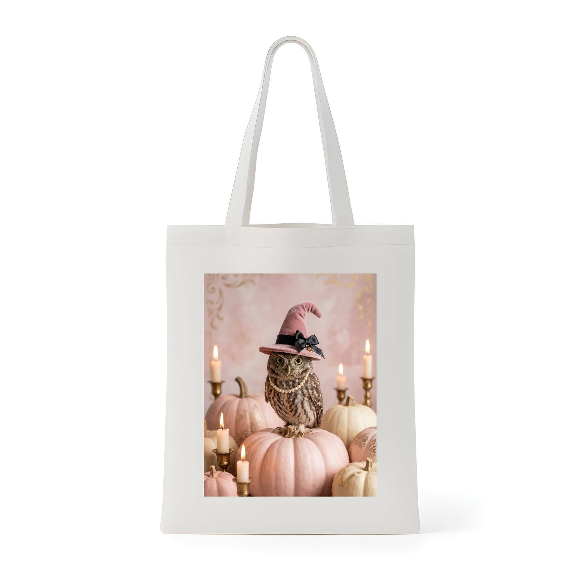 コノハズクのかぼちゃとキャンドルの油絵風アートハロウィントートバッグ