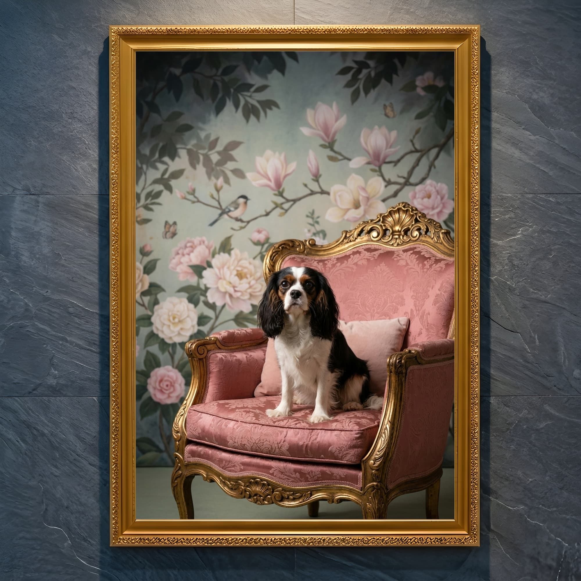 Cavalier King Charles spaniel Shabby Pink Oil-Painting Rococo Framed Art Print (A4 Gold)