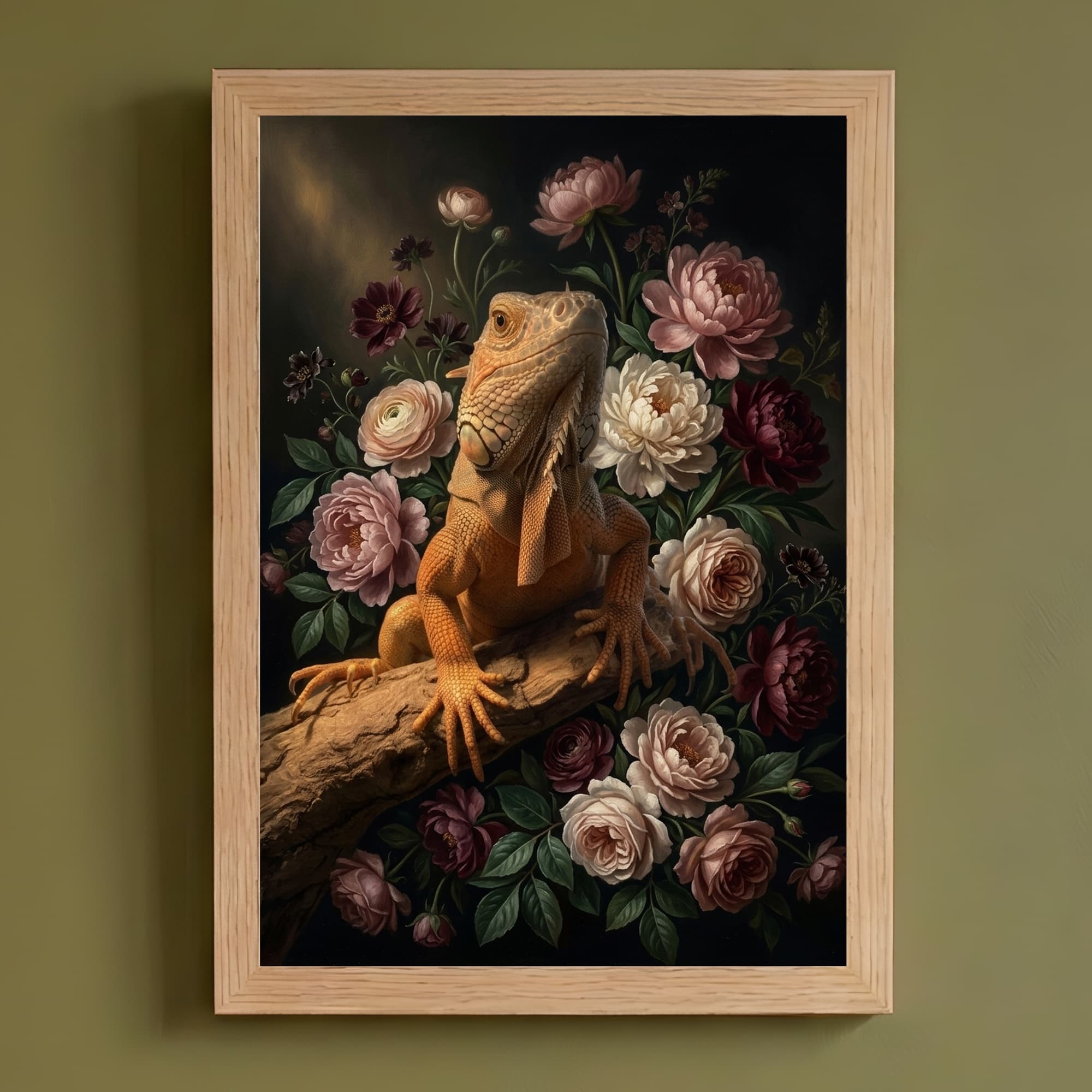 レッドイグアナの花の油絵風アート花柄額装プリント(A4サイズ)