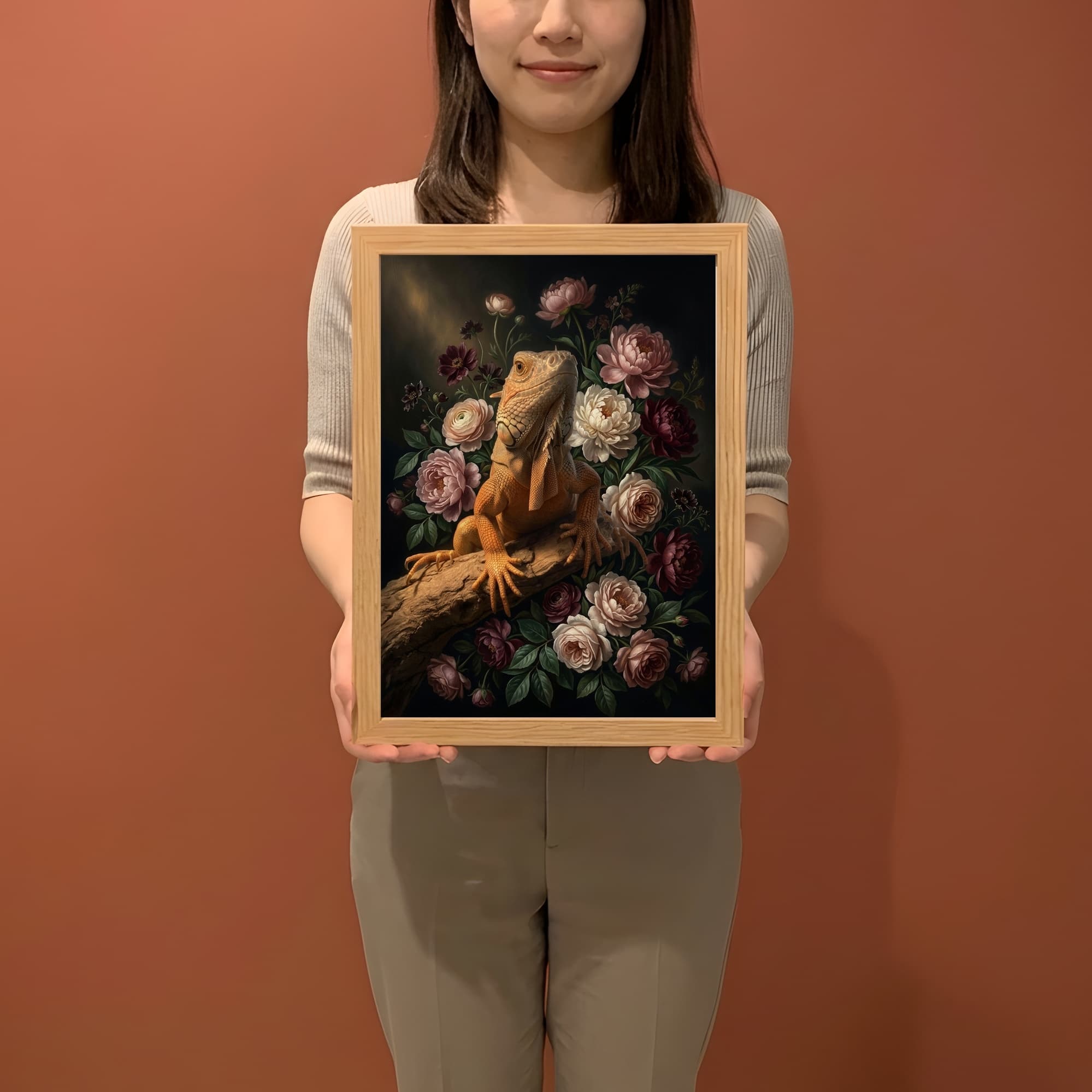 レッドイグアナの花の油絵風アート花柄額装プリント(A4サイズ) 2