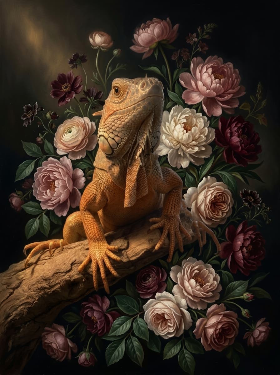 レッドイグアナの花の油絵風アート花柄額装プリント(A4サイズ) 4