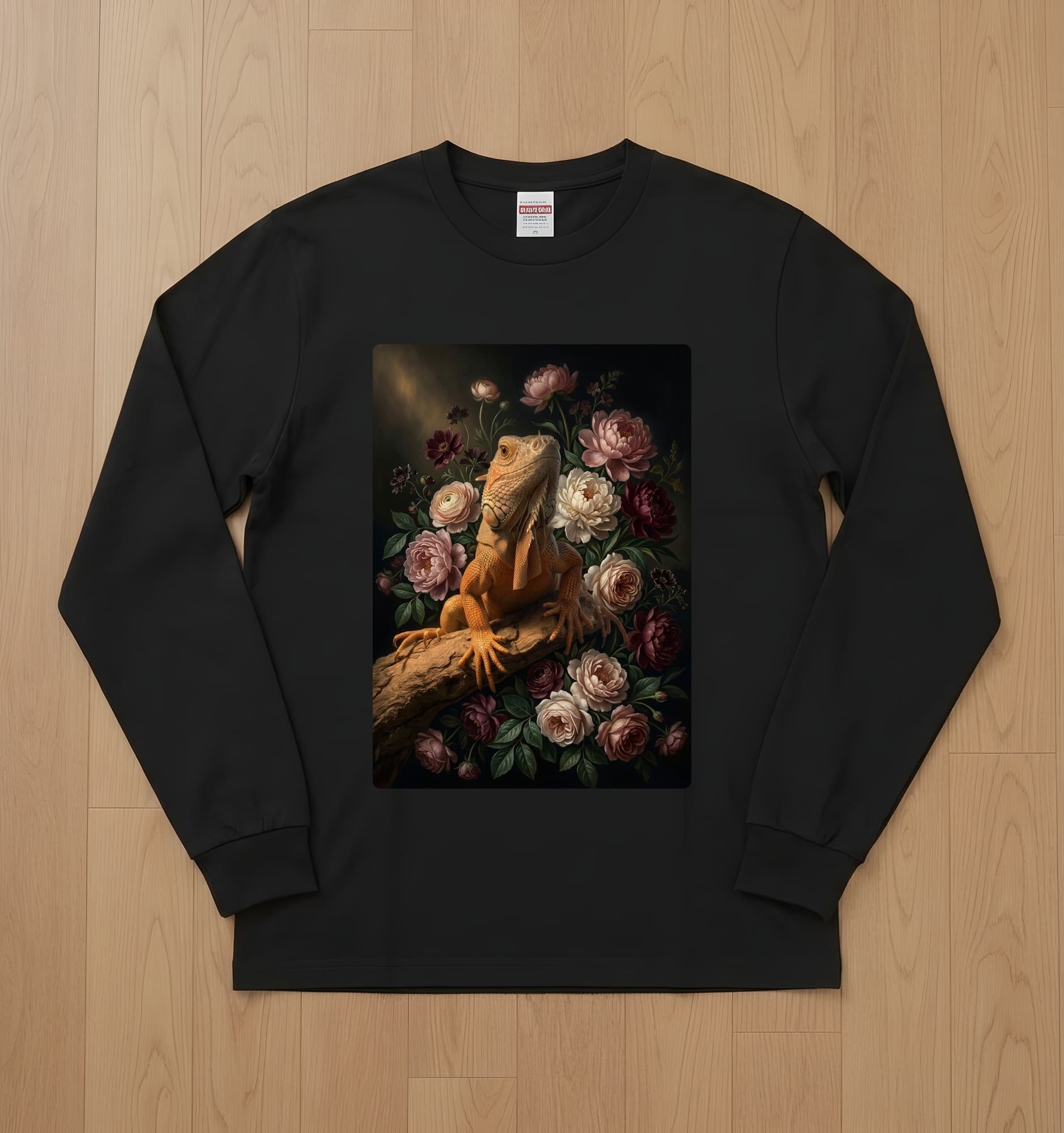 レッドイグアナの花の油絵風アート花柄長袖Tシャツ(ブラック)