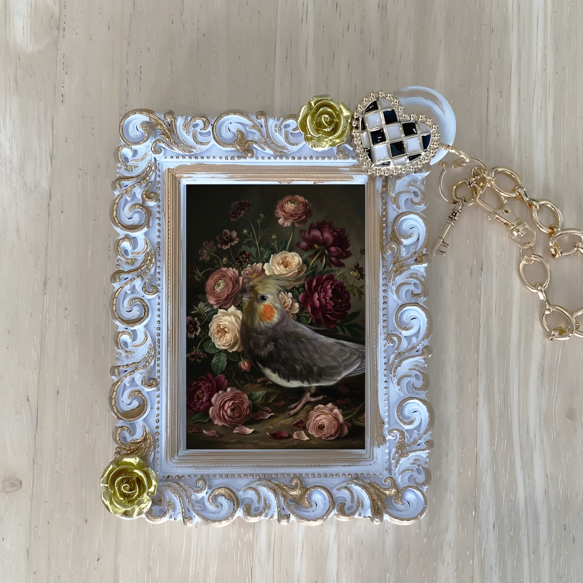 オカメインコの花の油絵風アート花柄バッグチャーム(ホワイト)