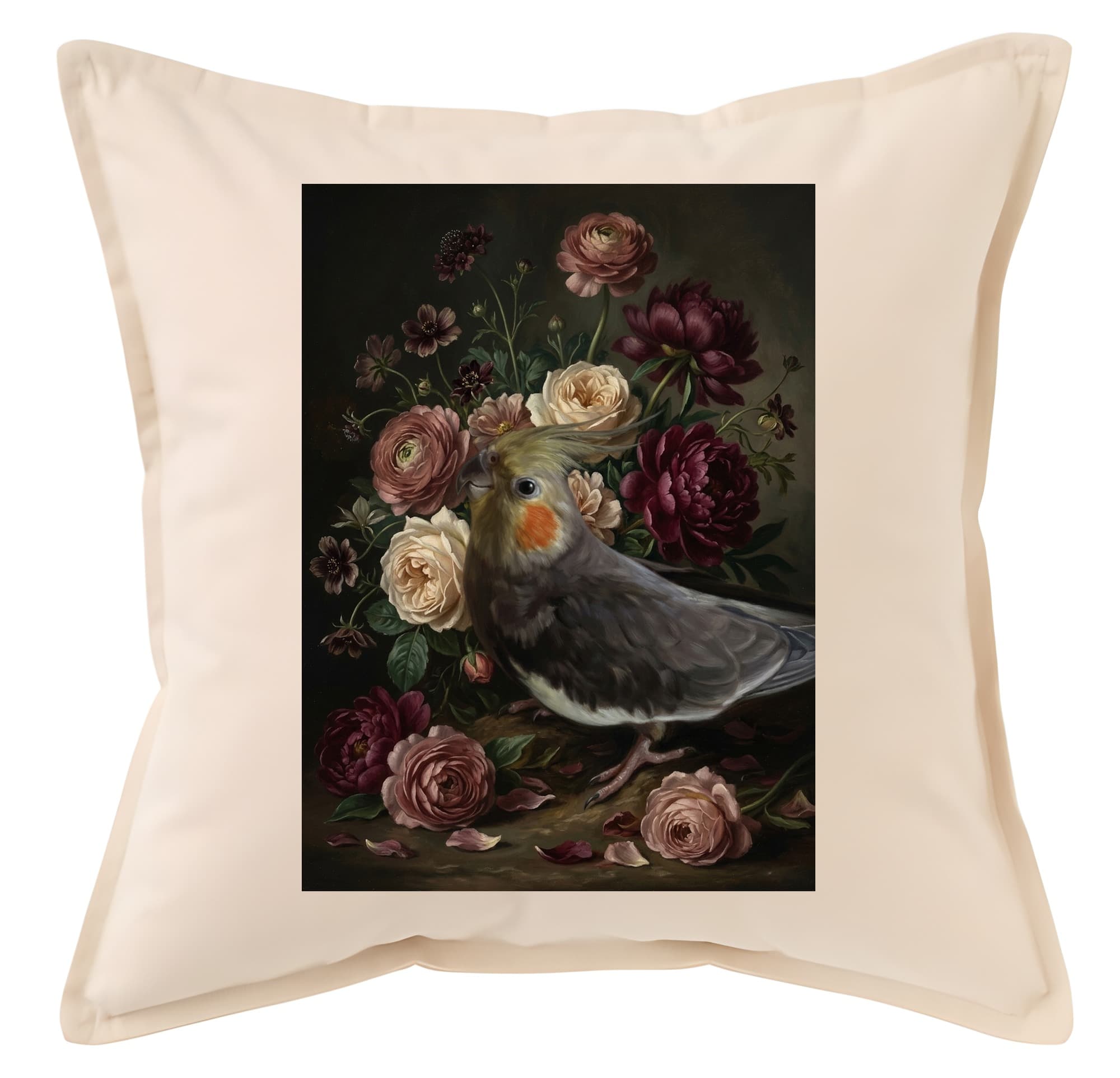 オカメインコの花の油絵風アート花柄クッション