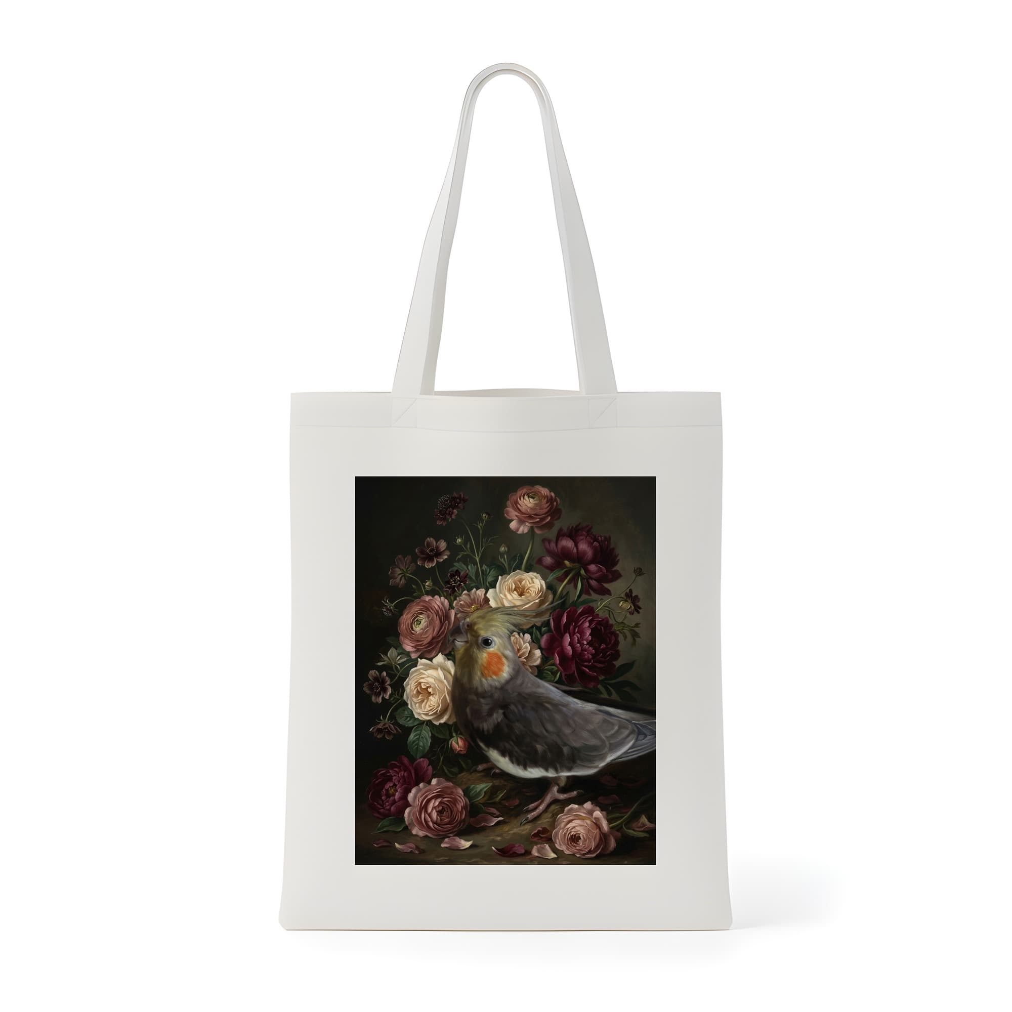 オカメインコの花の油絵風アート花柄トートバッグ