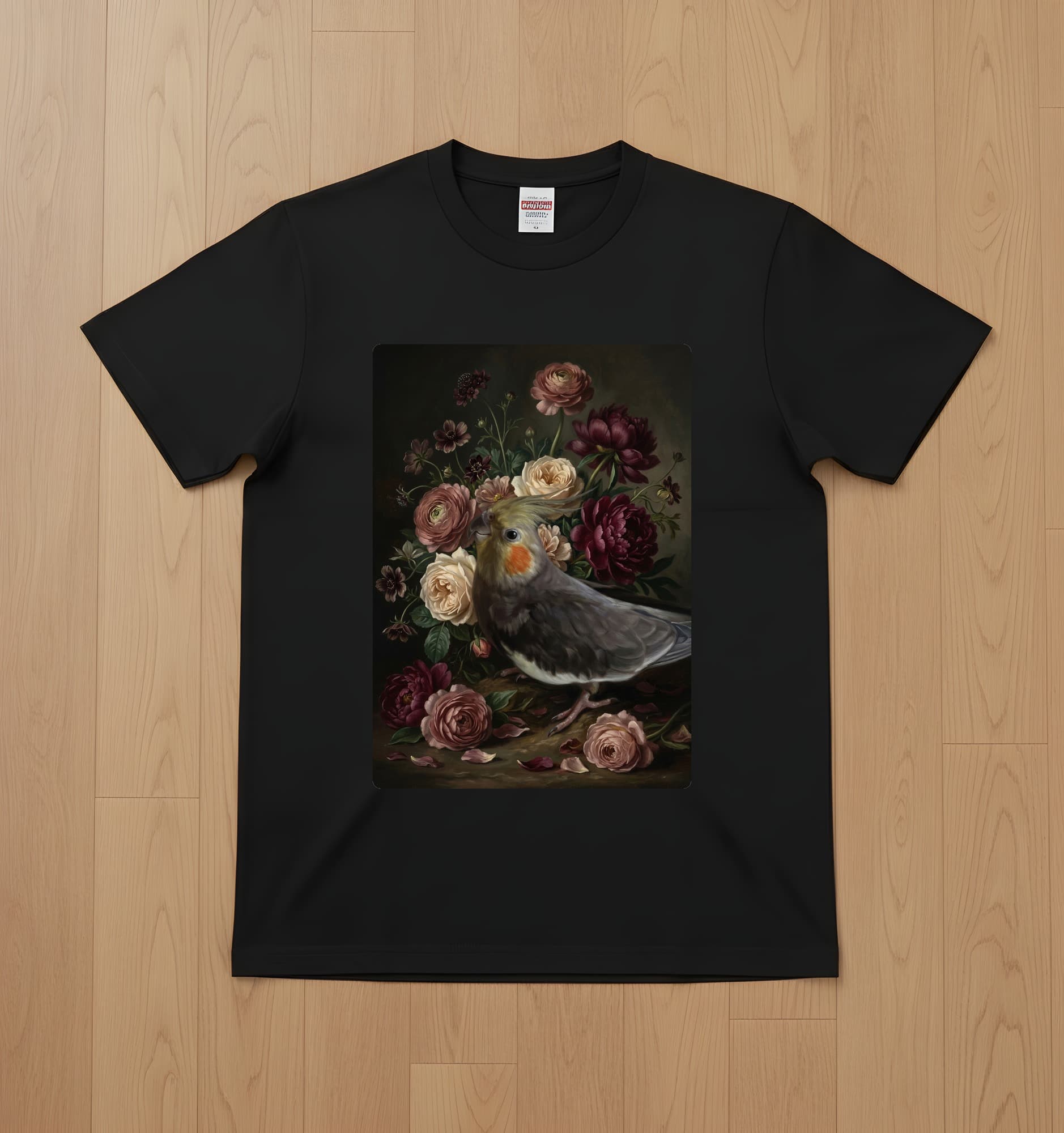 Cockatiel Floral Oil-Painting Floral T-Shirt (Black)