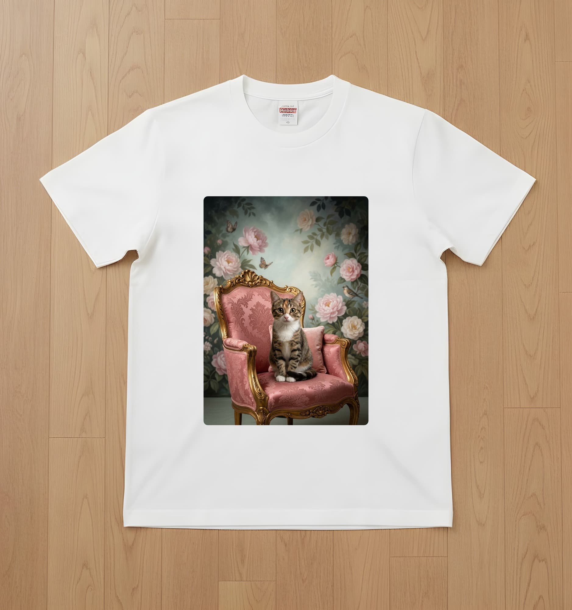 アメリカンショートヘアのシャビーピンクの油絵風アートロココ調Tシャツ(ホワイト)
