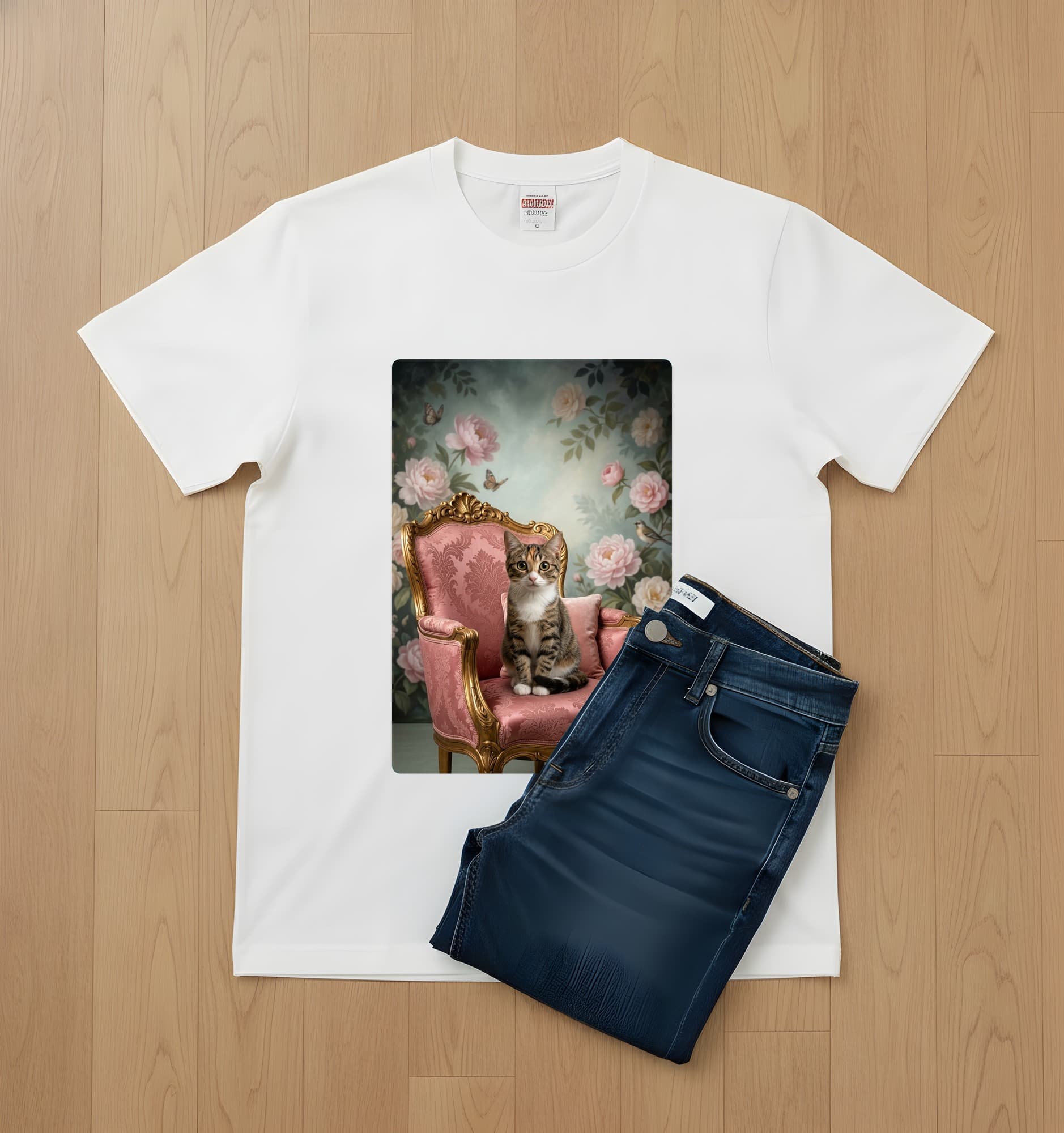 アメリカンショートヘアのシャビーピンクの油絵風アートロココ調Tシャツ(ホワイト) 2