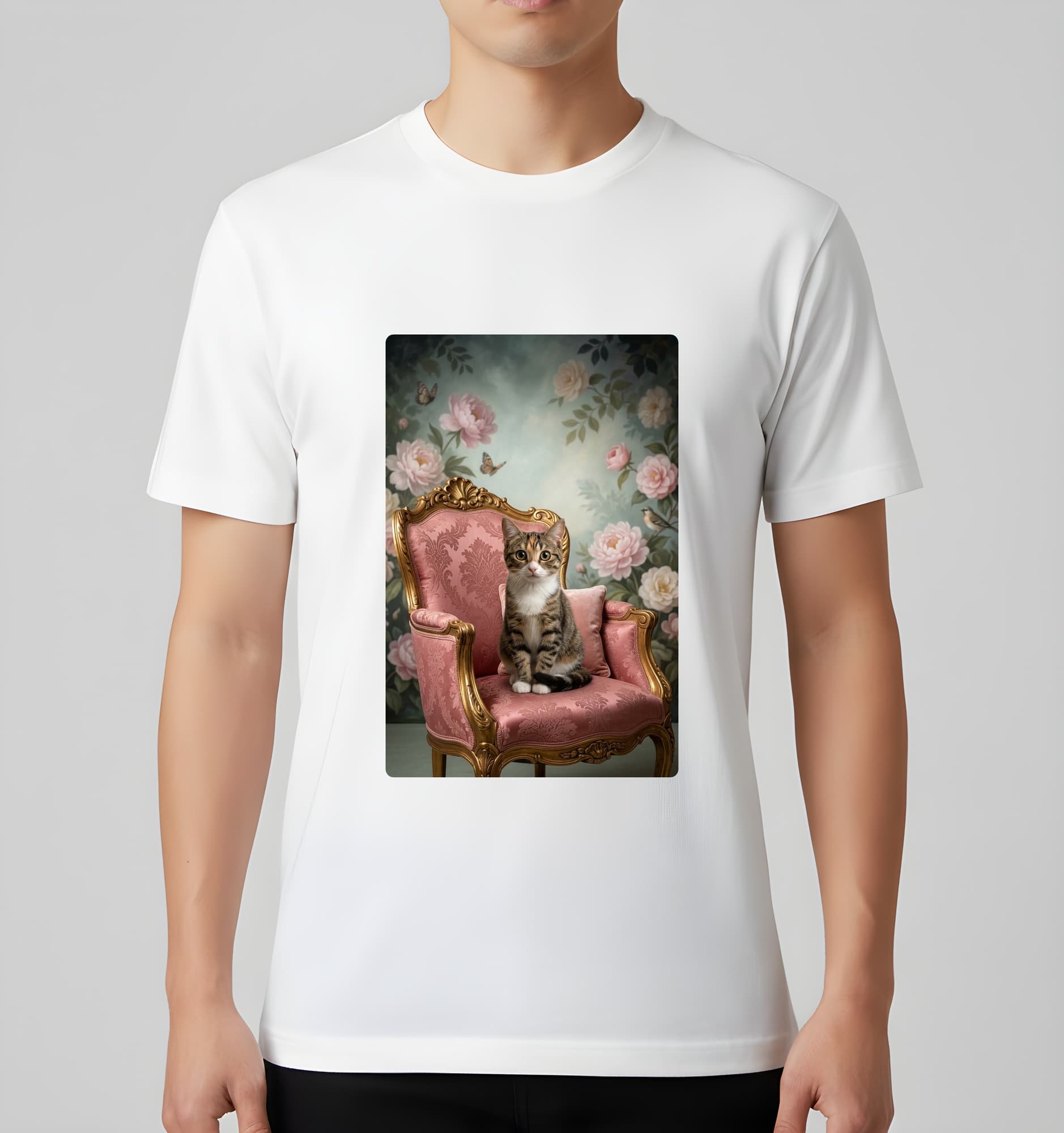 アメリカンショートヘアのシャビーピンクの油絵風アートロココ調Tシャツ(ホワイト) 3