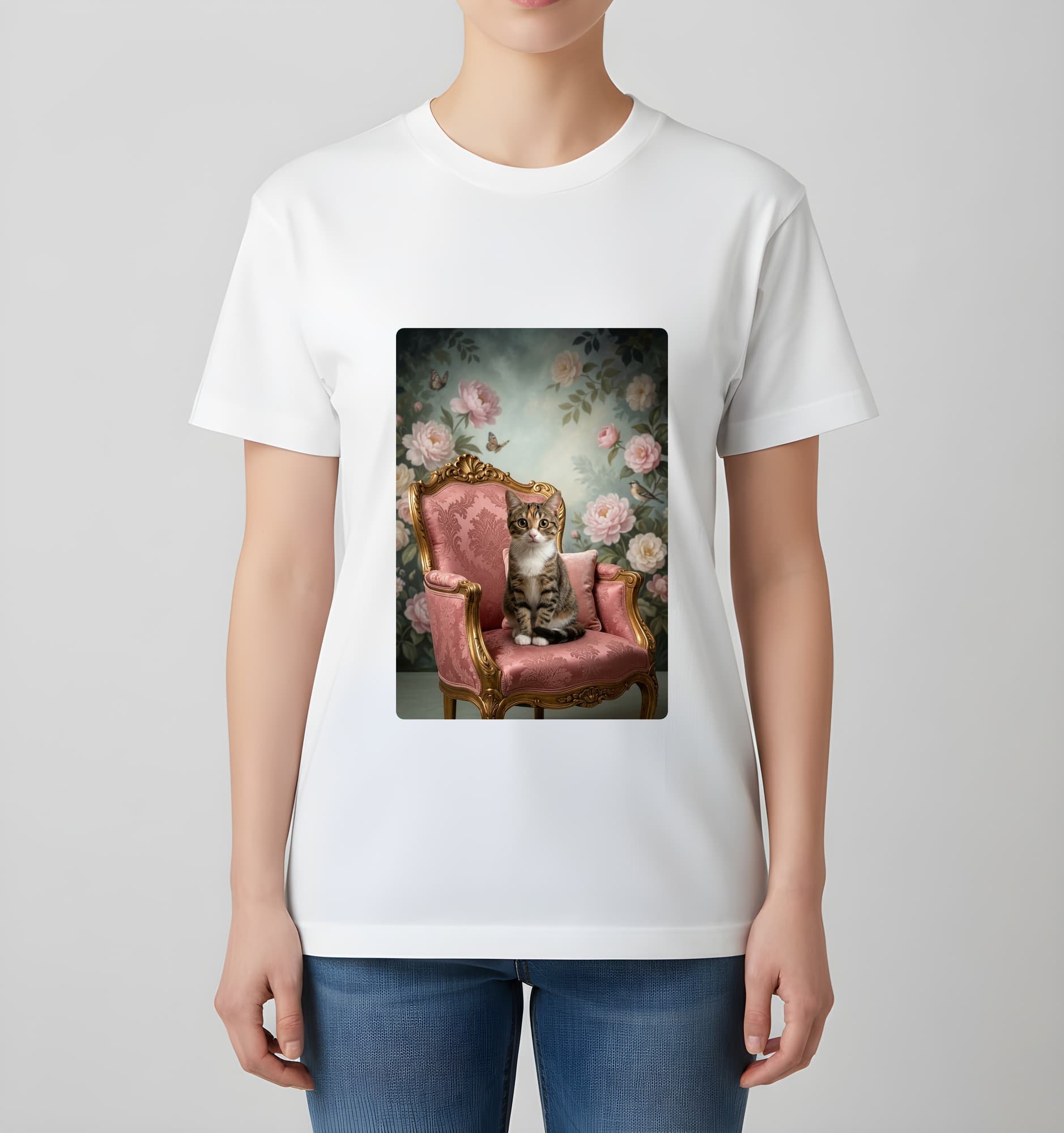 アメリカンショートヘアのシャビーピンクの油絵風アートロココ調Tシャツ(ホワイト) 4