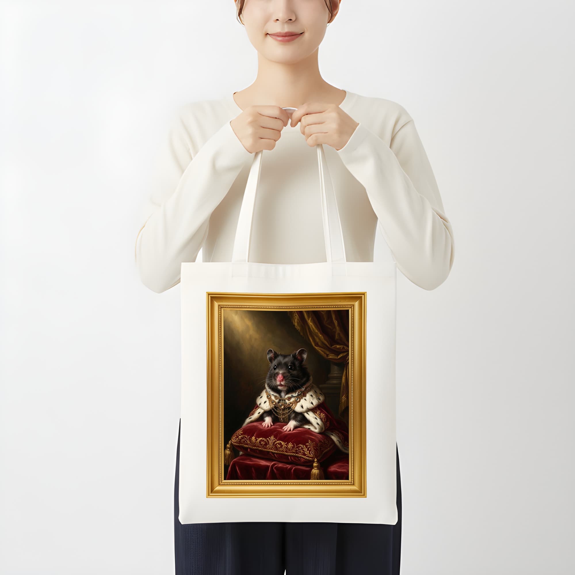 ブラックベアハムスターのルネサンス肖像画トートバッグ(カラープリント・額縁デザインあり) 3