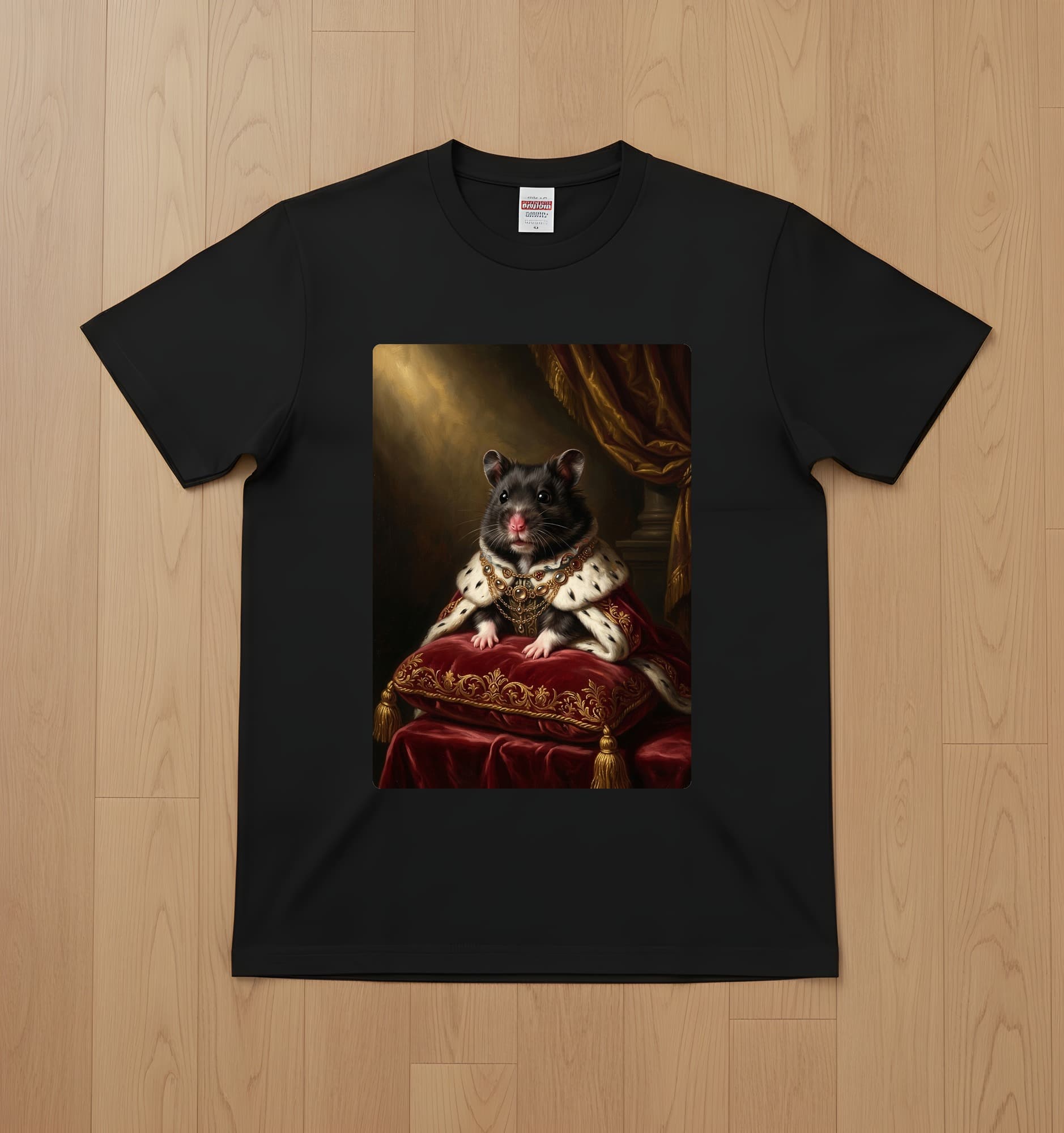 ブラックベアハムスターのルネサンス肖像画Tシャツ(ブラック・カラープリント・額縁なし)