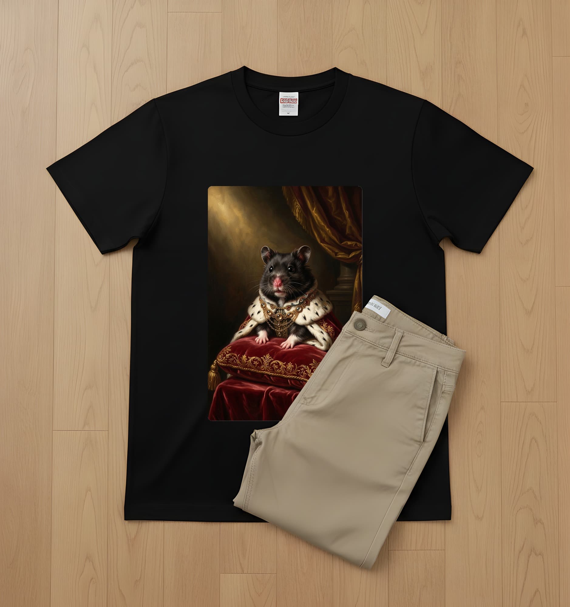 ブラックベアハムスターのルネサンス肖像画Tシャツ(ブラック・カラープリント・額縁なし) 2