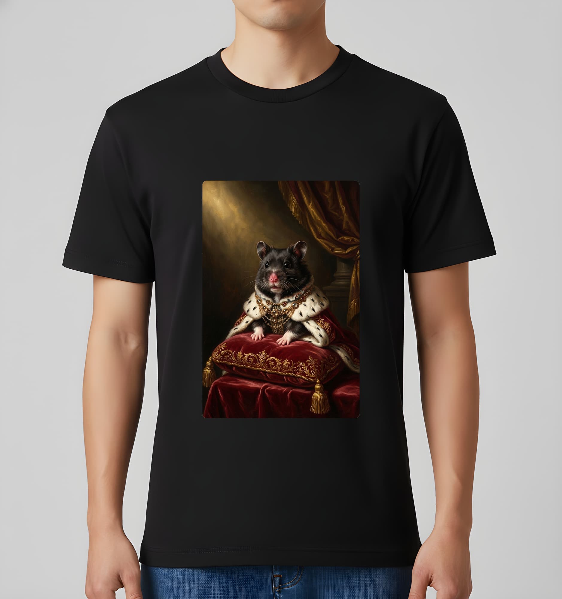 ブラックベアハムスターのルネサンス肖像画Tシャツ(ブラック・カラープリント・額縁なし) 3