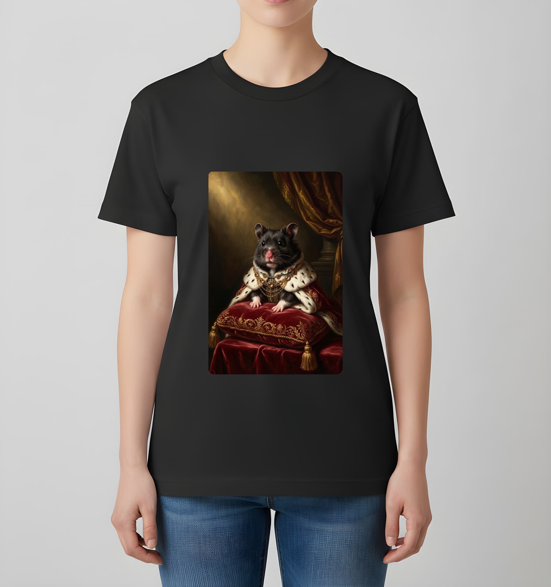 ブラックベアハムスターのルネサンス肖像画Tシャツ(ブラック・カラープリント・額縁なし) 4