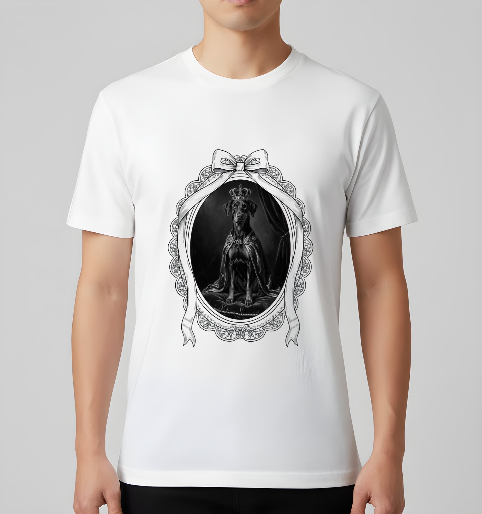 ドーベルマンのルネサンス肖像画Tシャツ(ホワイト・モノクロプリント・額縁デザインあり) 3