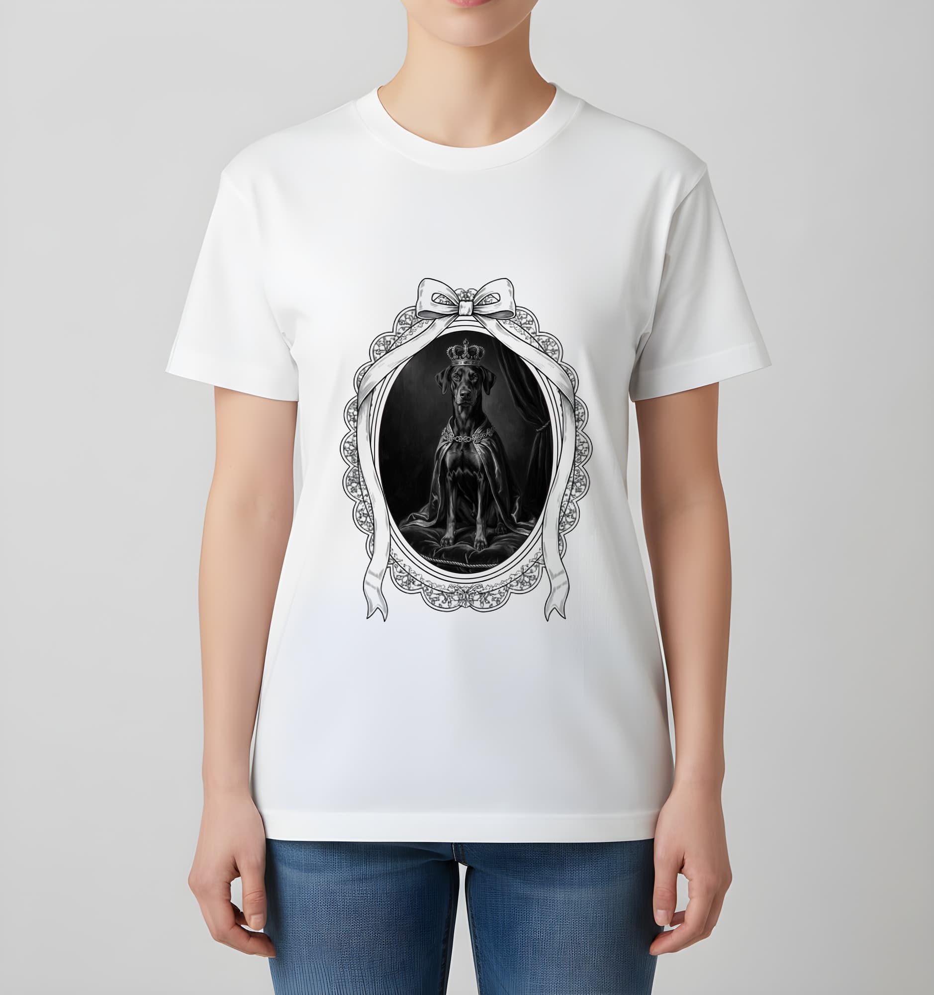 ドーベルマンのルネサンス肖像画Tシャツ(ホワイト・モノクロプリント・額縁デザインあり) 4
