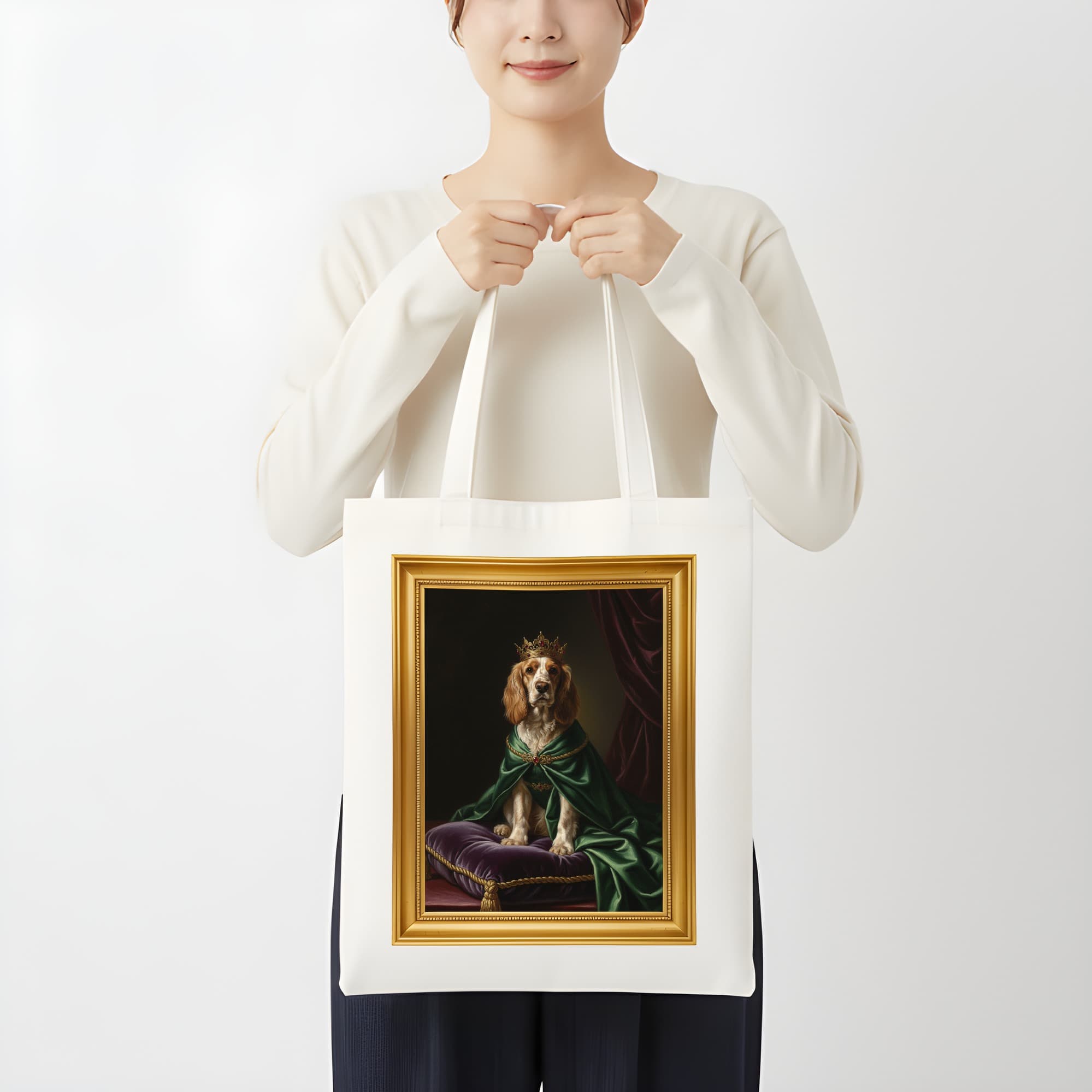 コッカースパニエルのルネサンス肖像画トートバッグ(カラープリント・額縁デザインあり) 3