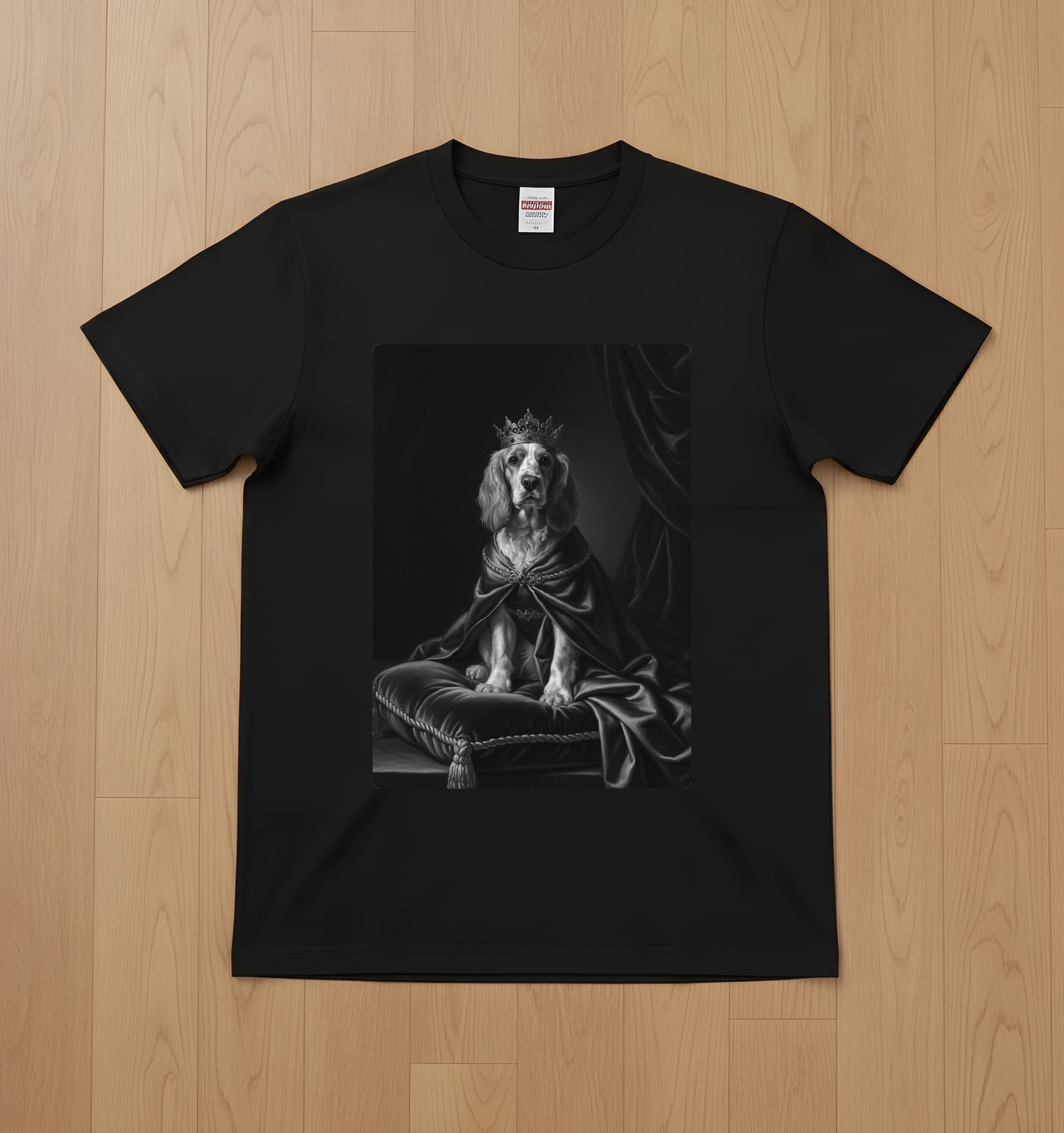 コッカースパニエルのルネサンス肖像画Tシャツ(ブラック・モノクロプリント・額縁なし)