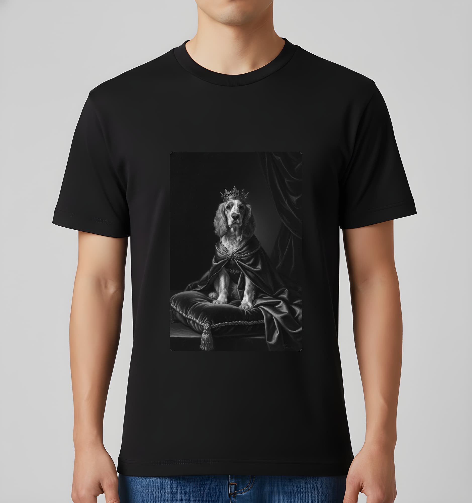 コッカースパニエルのルネサンス肖像画Tシャツ(ブラック・モノクロプリント・額縁なし) 3