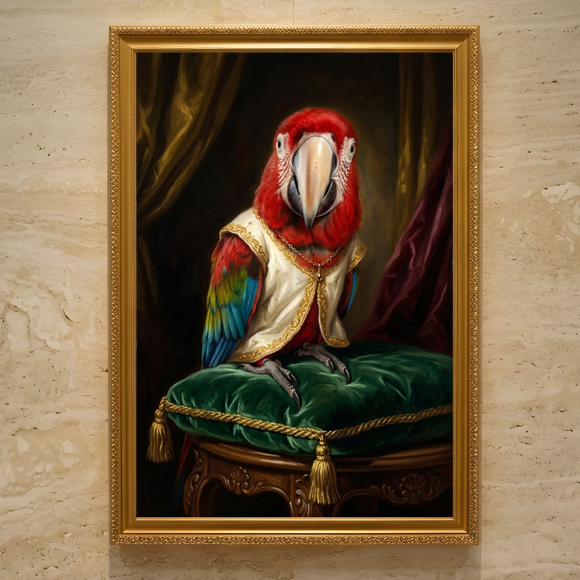 ベニコンゴウインコのルネサンス肖像画額装プリント(A3サイズ)