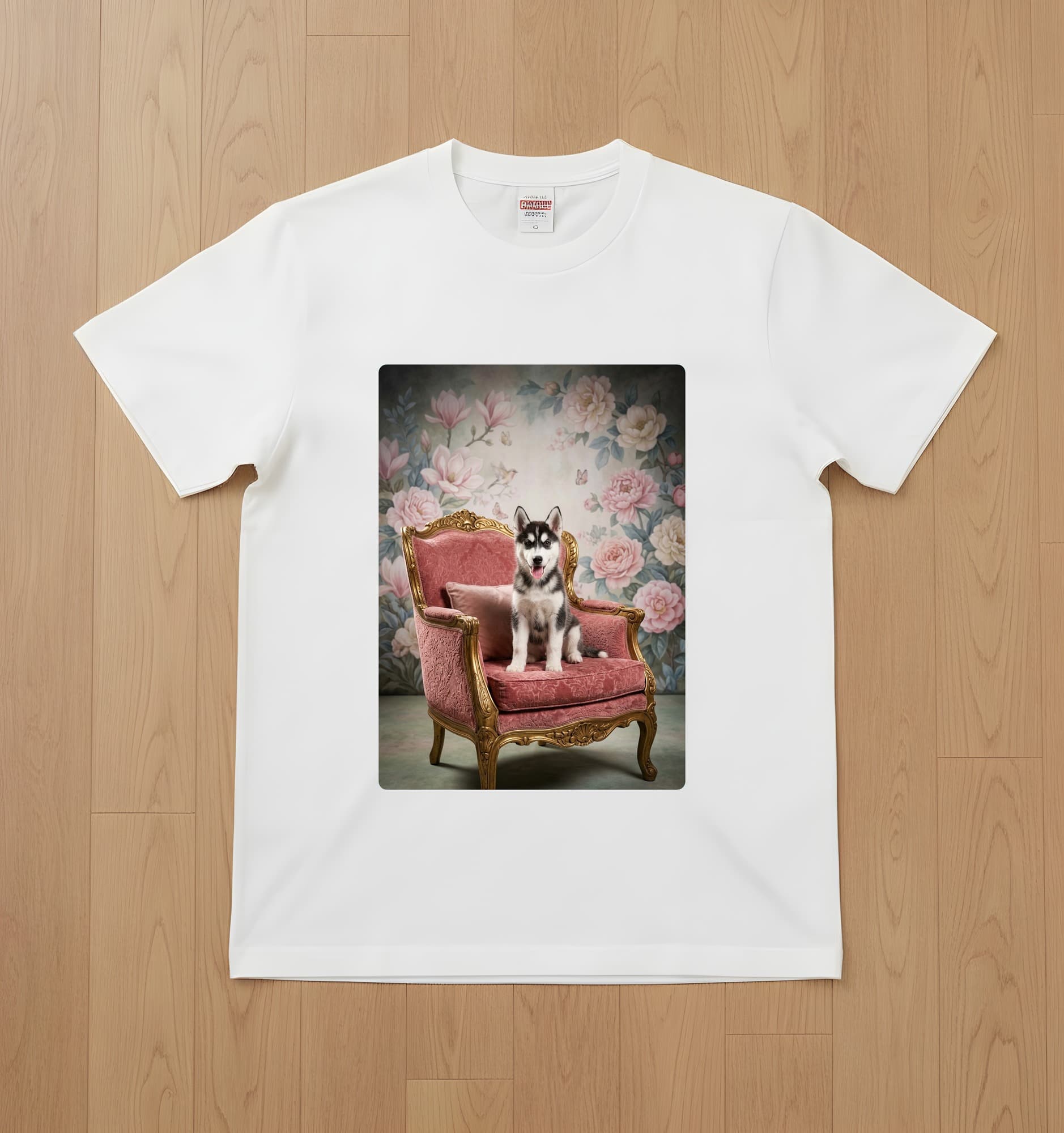 Siberian husky Shabby Pink Oil-Painting Rococo T-Shirt (White)