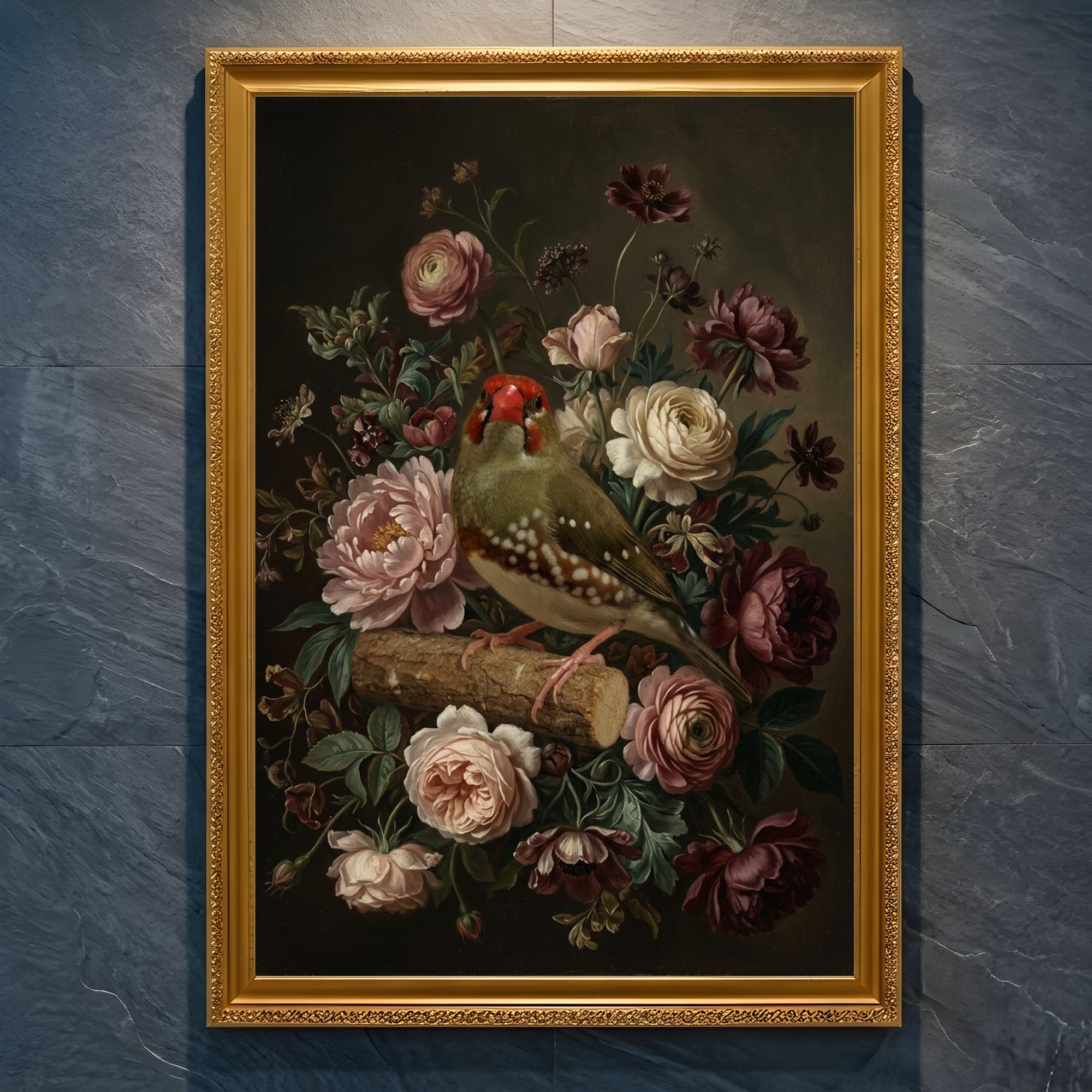 アサヒスズメの花の油絵風アート花柄額装プリント(A4金縁)