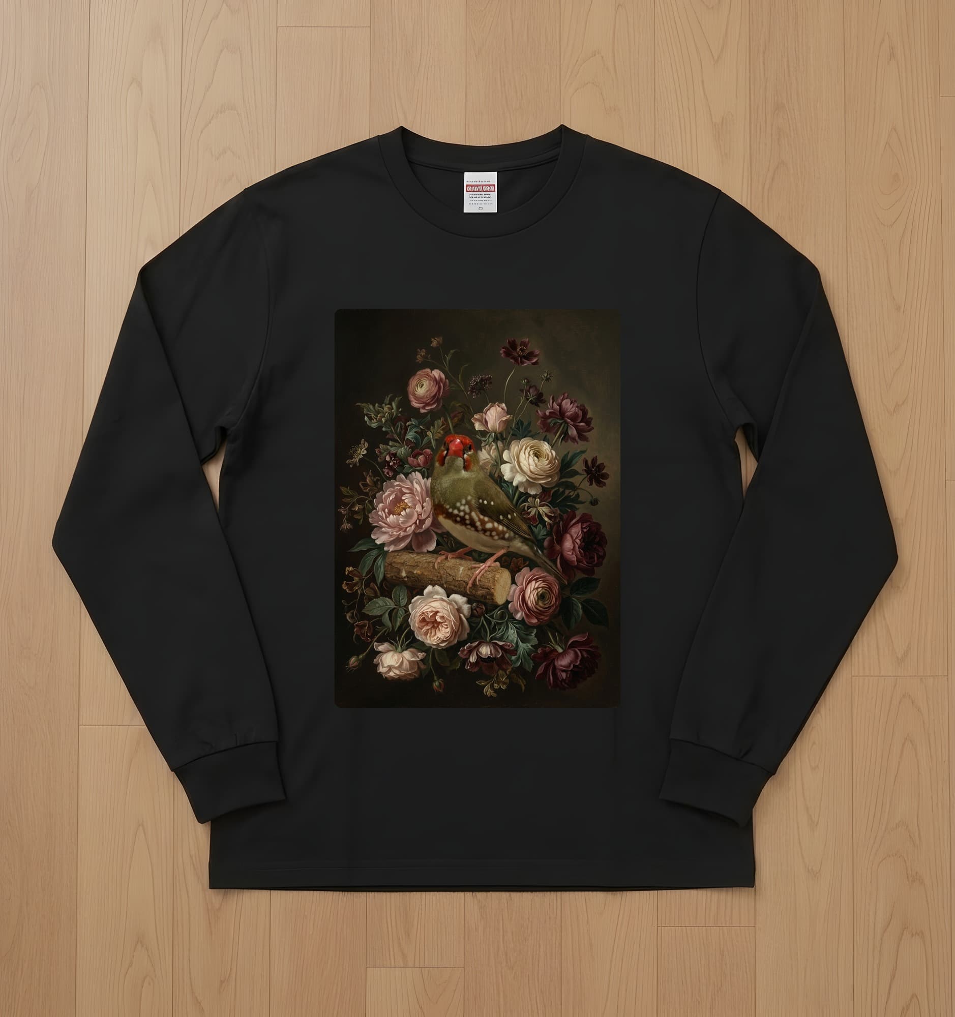 アサヒスズメの花の油絵風アート花柄長袖Tシャツ(ブラック)