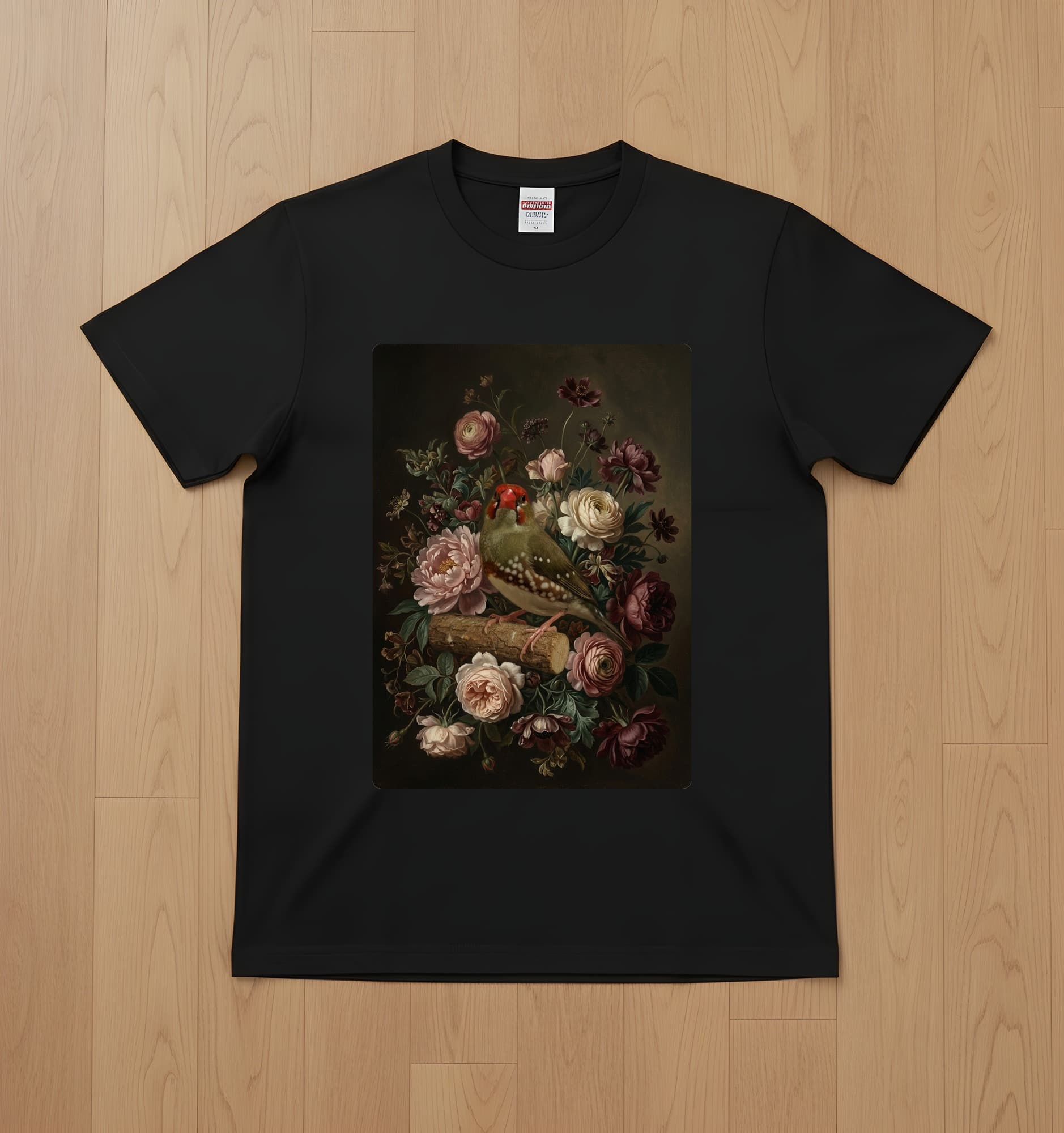 Star finch Floral Oil-Painting Floral T-Shirt (Black)