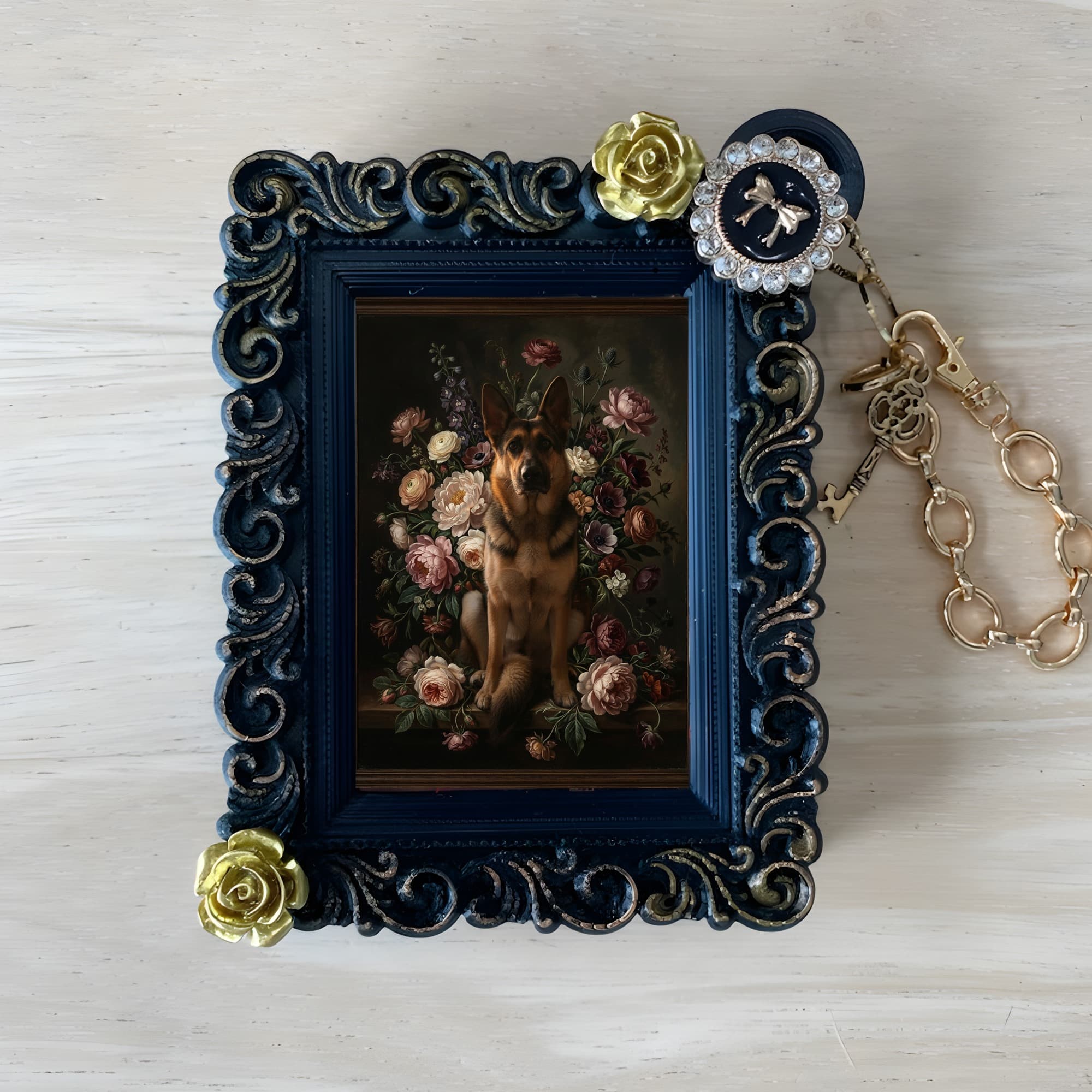 German shepherd Floral Oil-Painting Floral Bag Charm (Black)