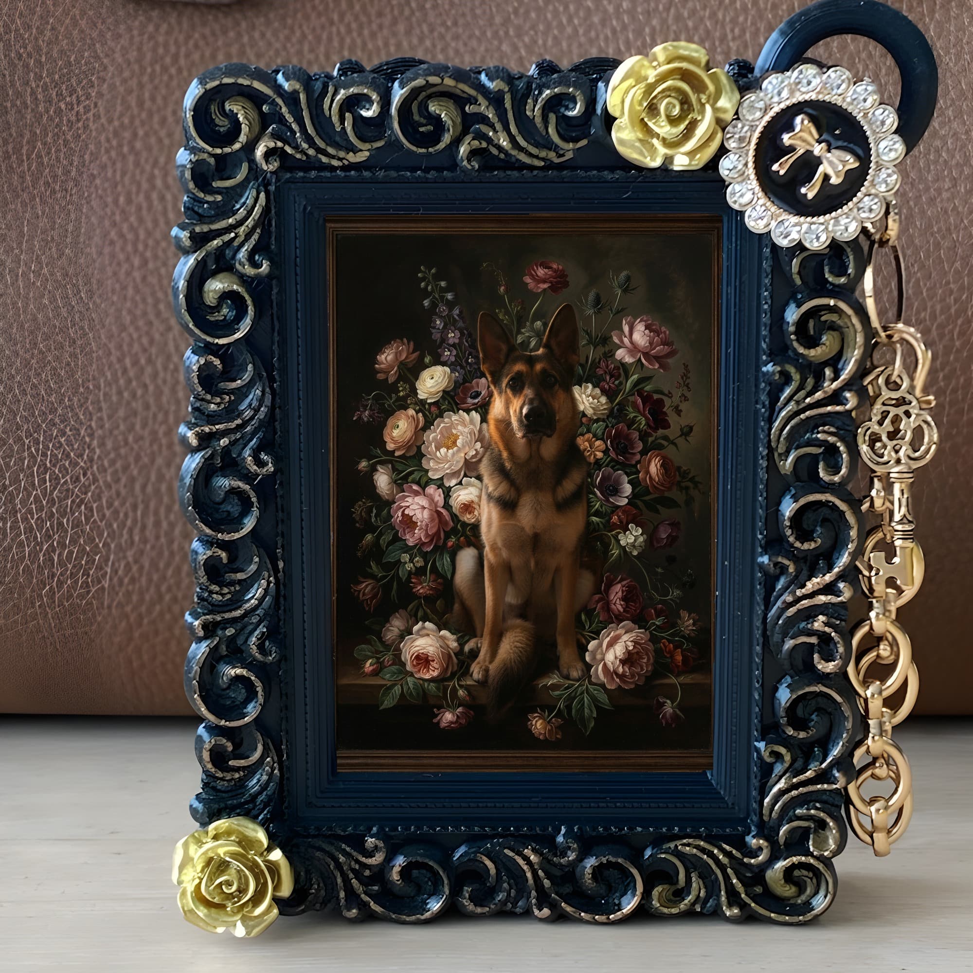 German shepherd Floral Oil-Painting Floral Bag Charm (Black) 2