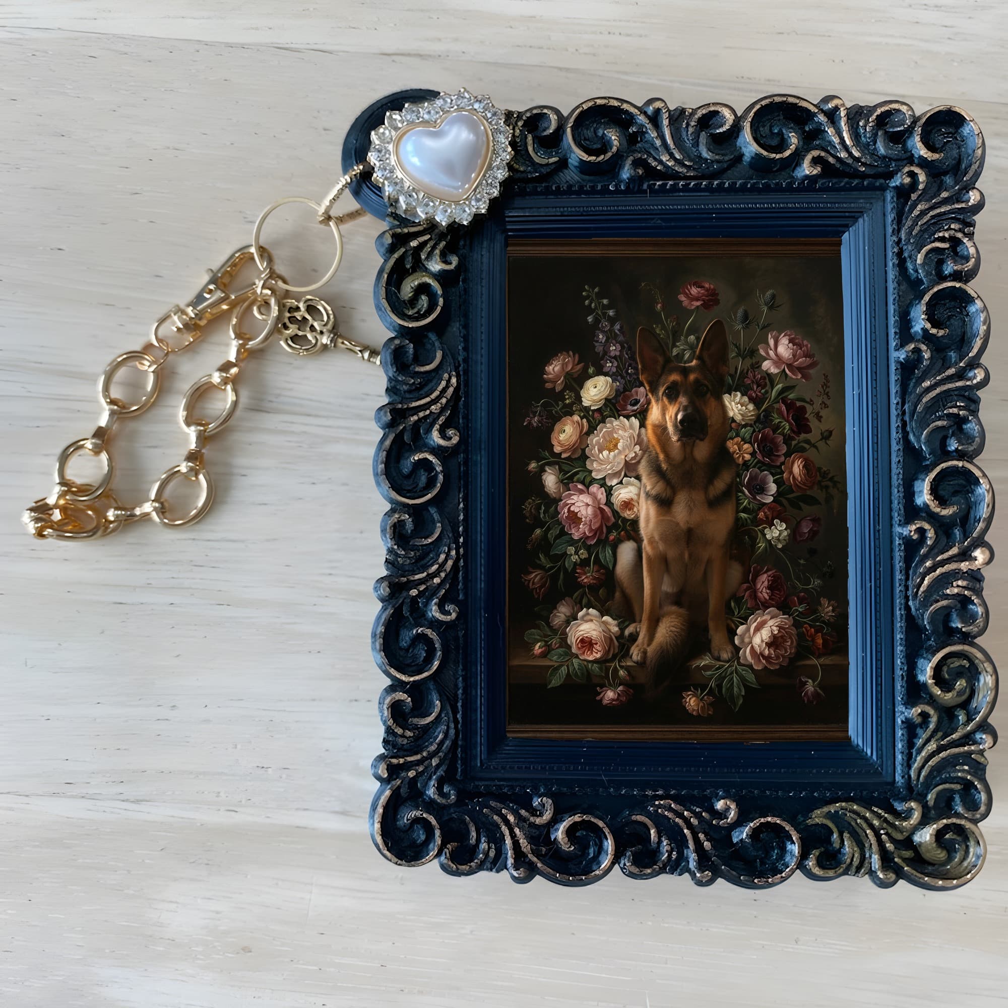 German shepherd Floral Oil-Painting Floral Bag Charm (Black) 4