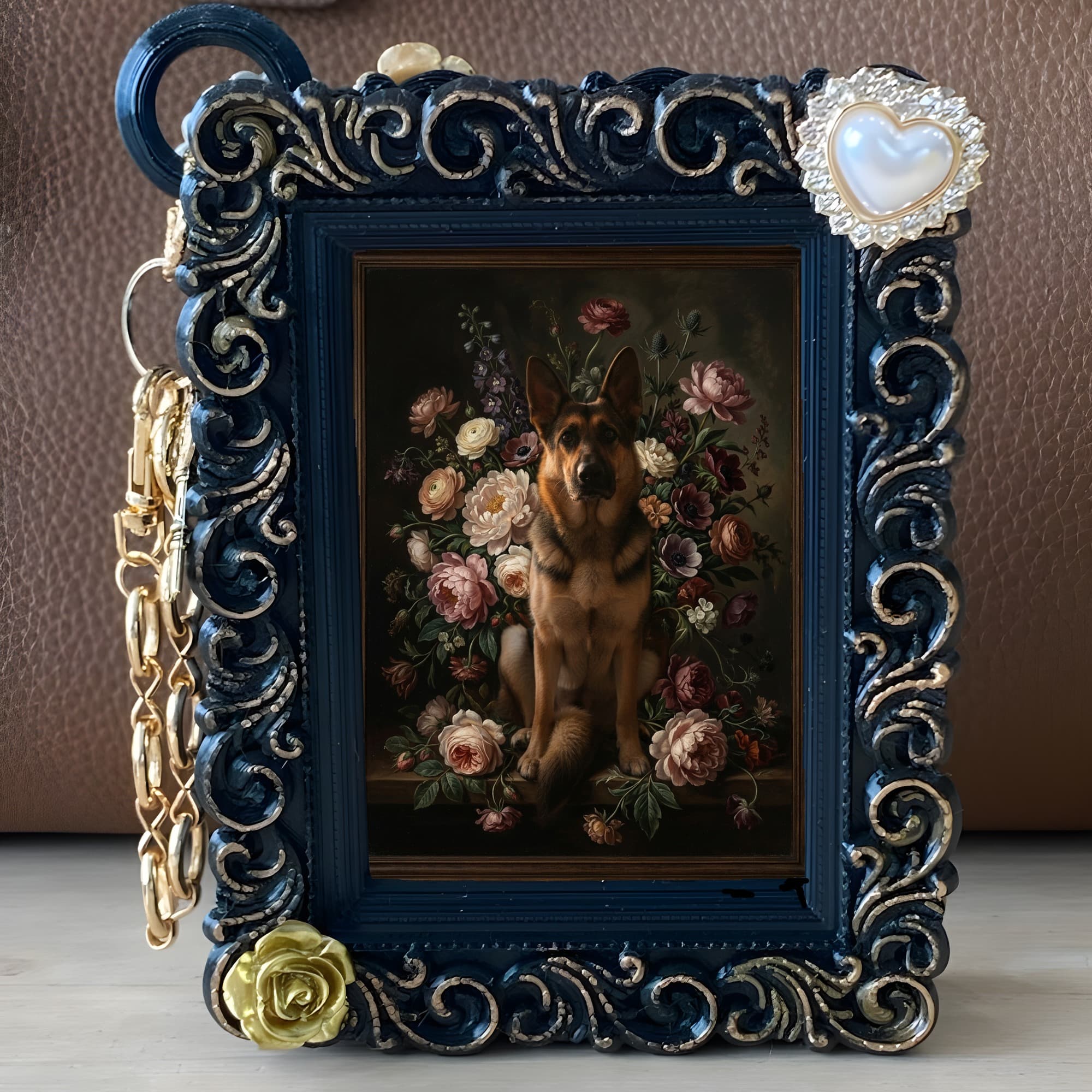German shepherd Floral Oil-Painting Floral Bag Charm (Black) 5