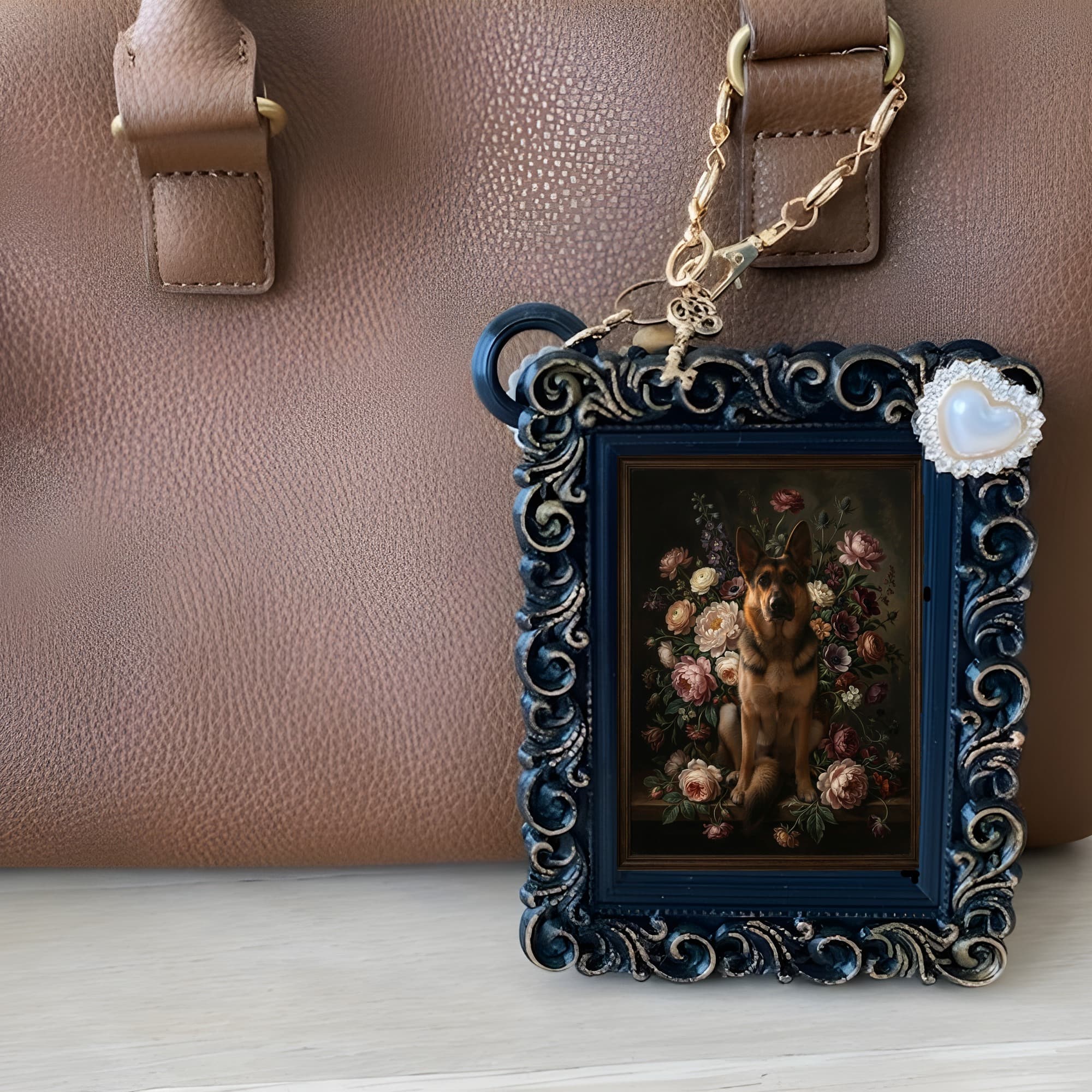 German shepherd Floral Oil-Painting Floral Bag Charm (Black) 6
