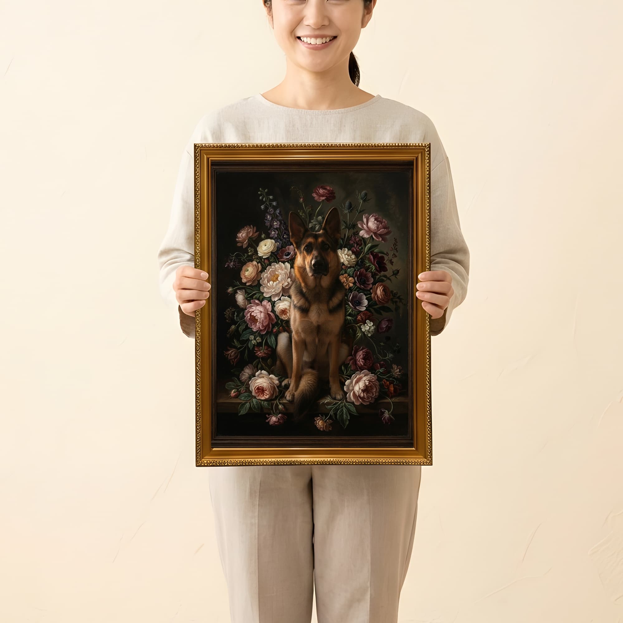 ジャーマンシェパードの花の油絵風アート花柄額装プリント(A4サイズ) 2