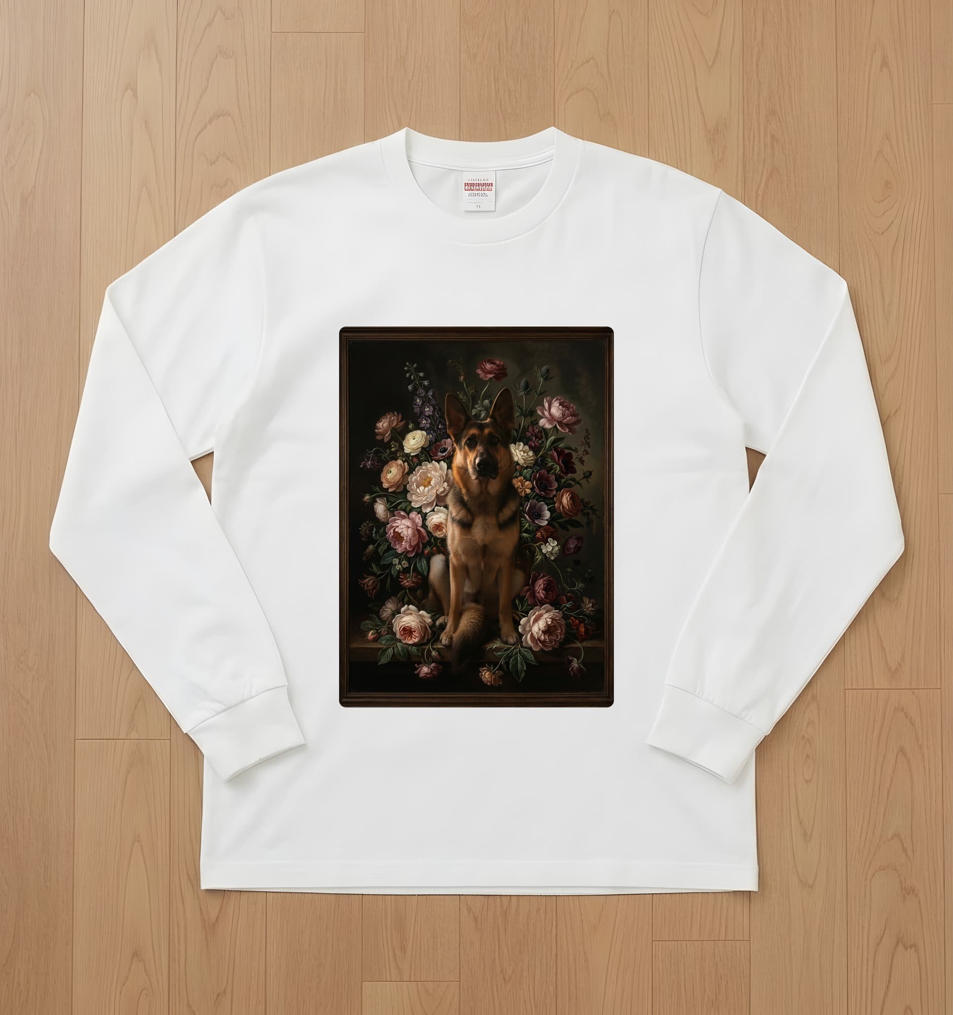 ジャーマンシェパードの花の油絵風アート花柄長袖Tシャツ(ホワイト)