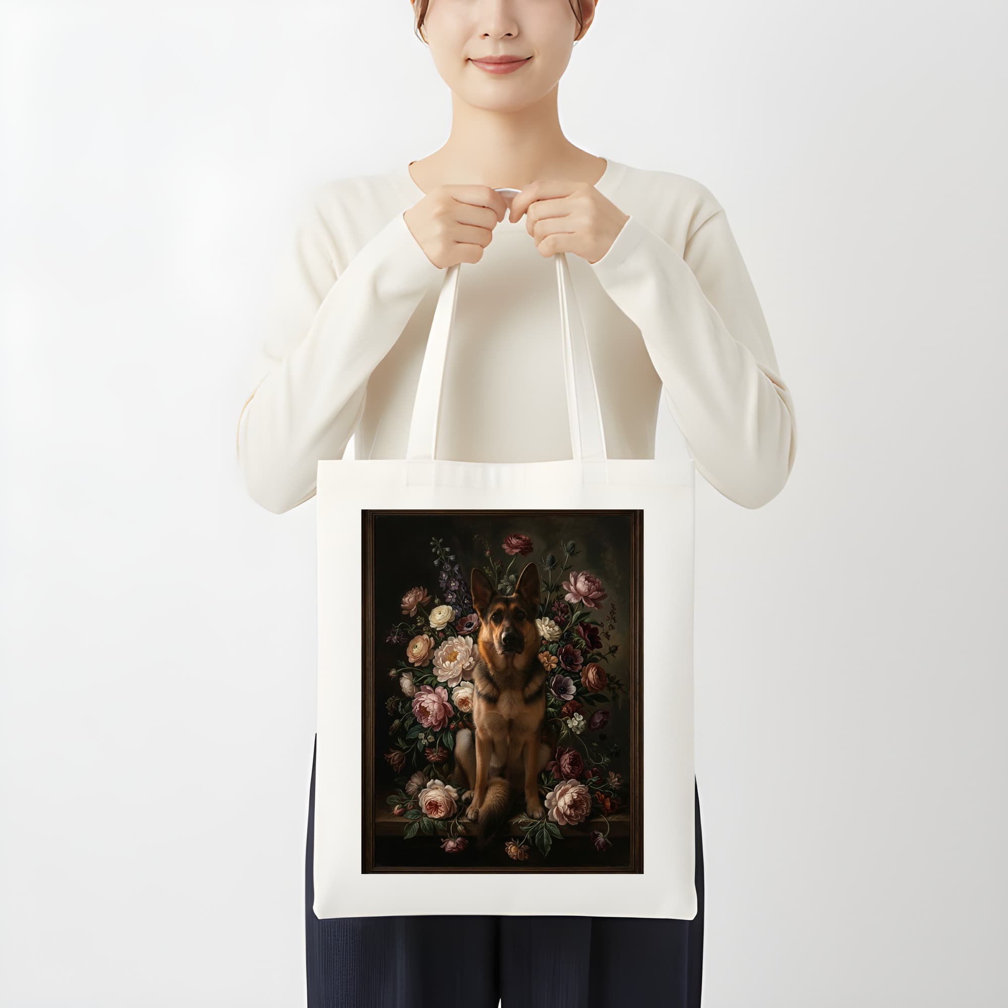 ジャーマンシェパードの花の油絵風アート花柄トートバッグ 3