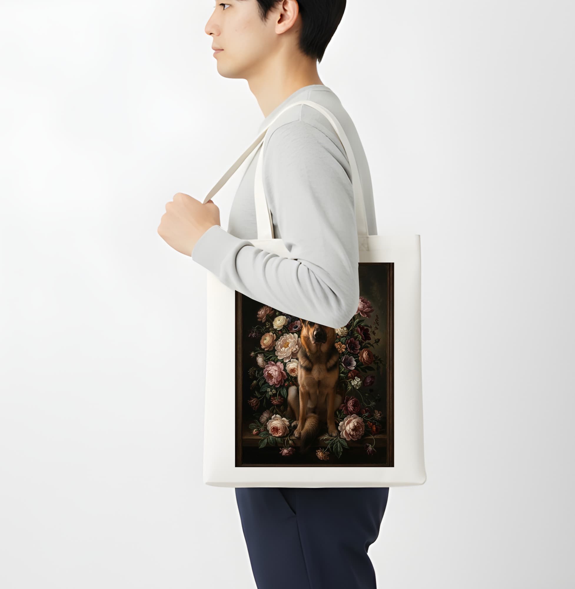 ジャーマンシェパードの花の油絵風アート花柄トートバッグ 4