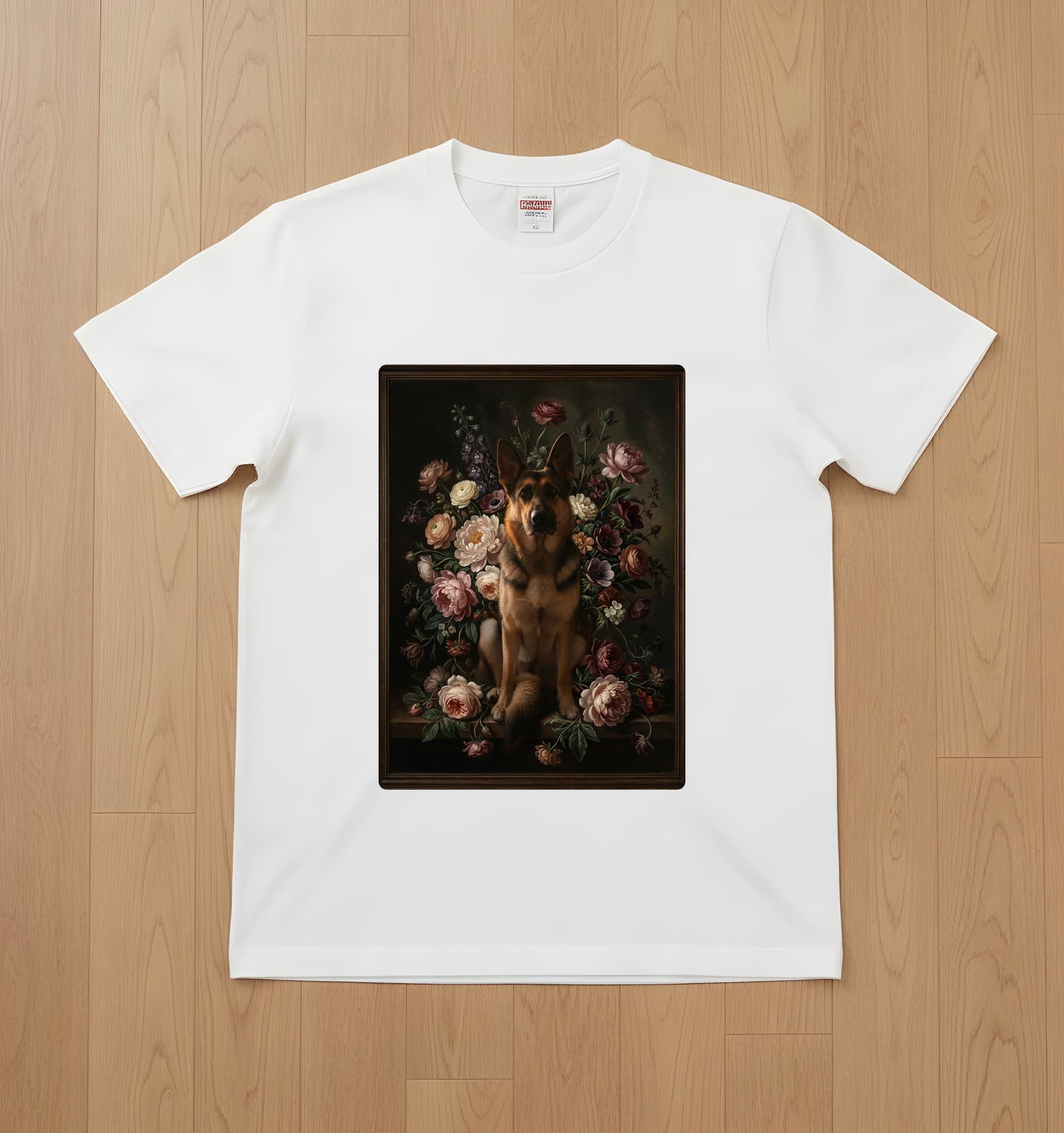 ジャーマンシェパードの花の油絵風アート花柄Tシャツ(ホワイト)