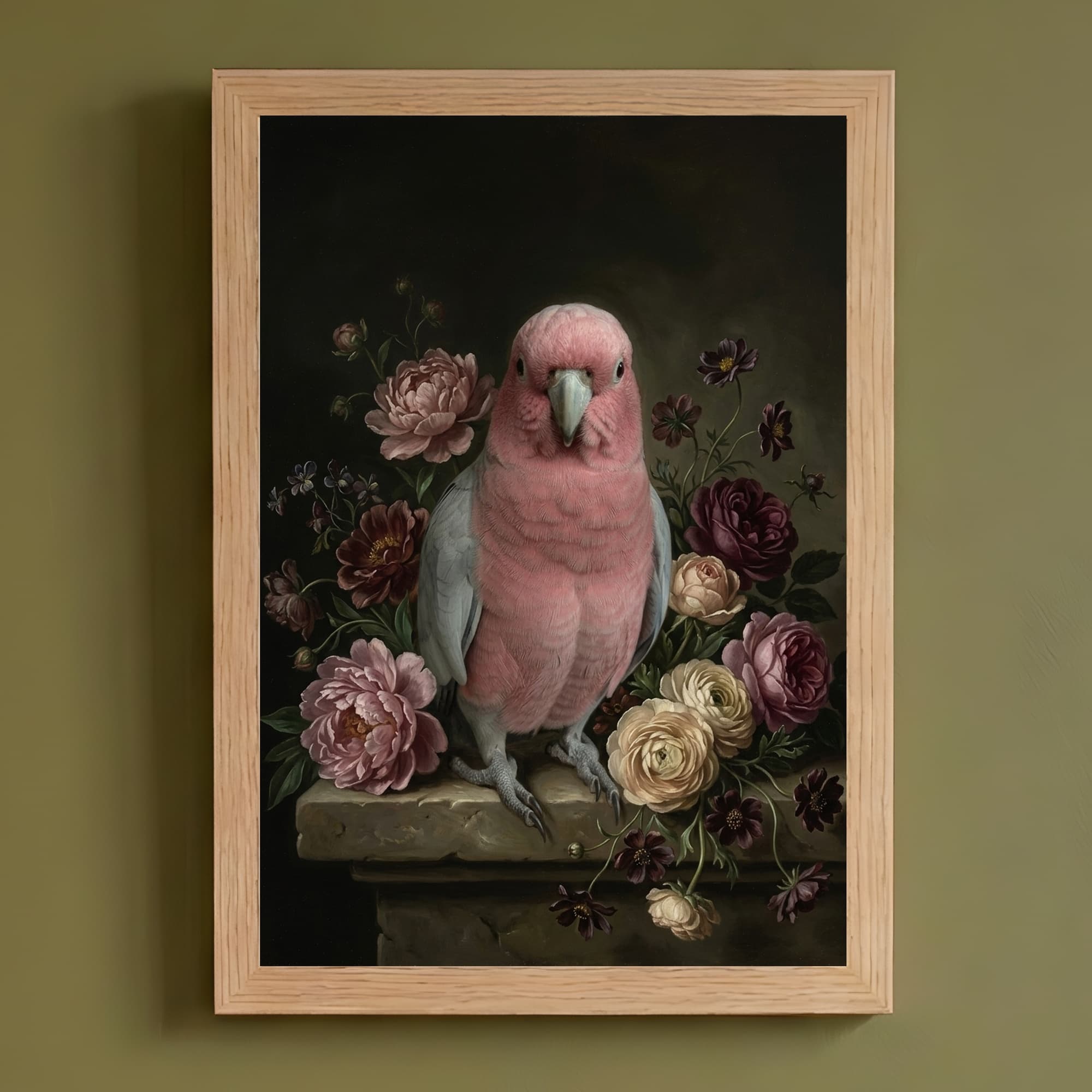 モモイロインコの花の油絵風アート花柄額装プリント(A4サイズ)